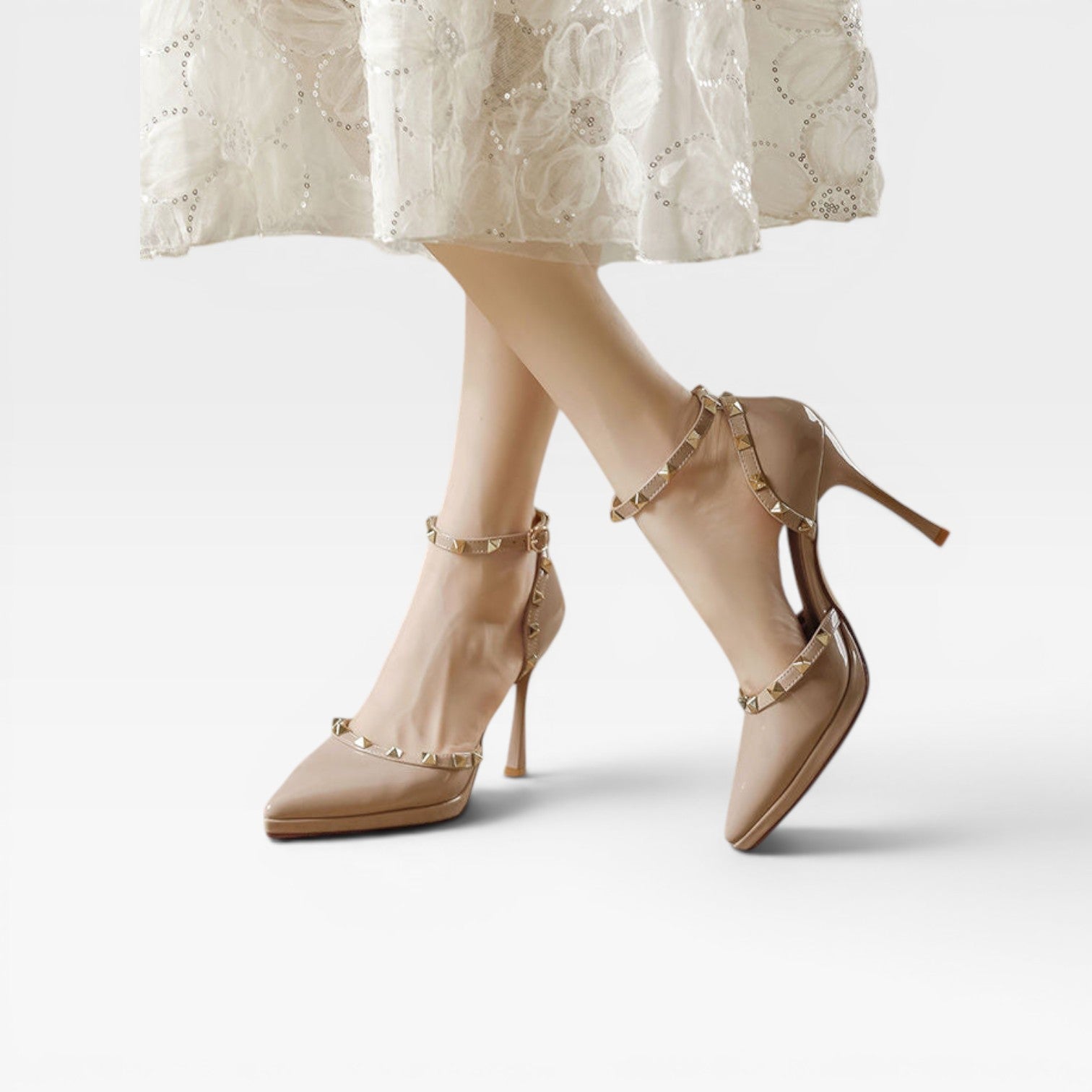 Studded Ankle Strap Stiletto Heels, Pointed Toe Pumps