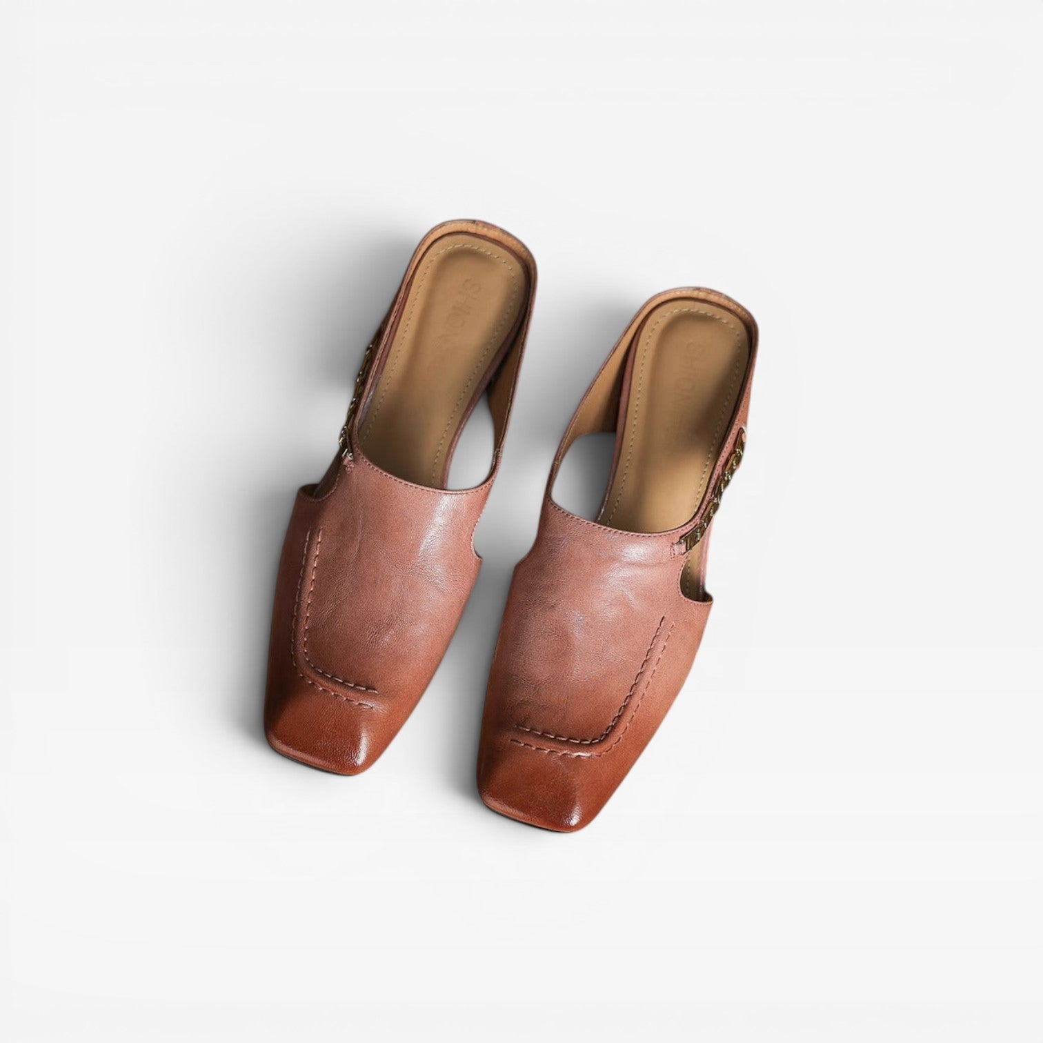 Square Toe Leather Mules, Gold Chain Low Heel Slip On