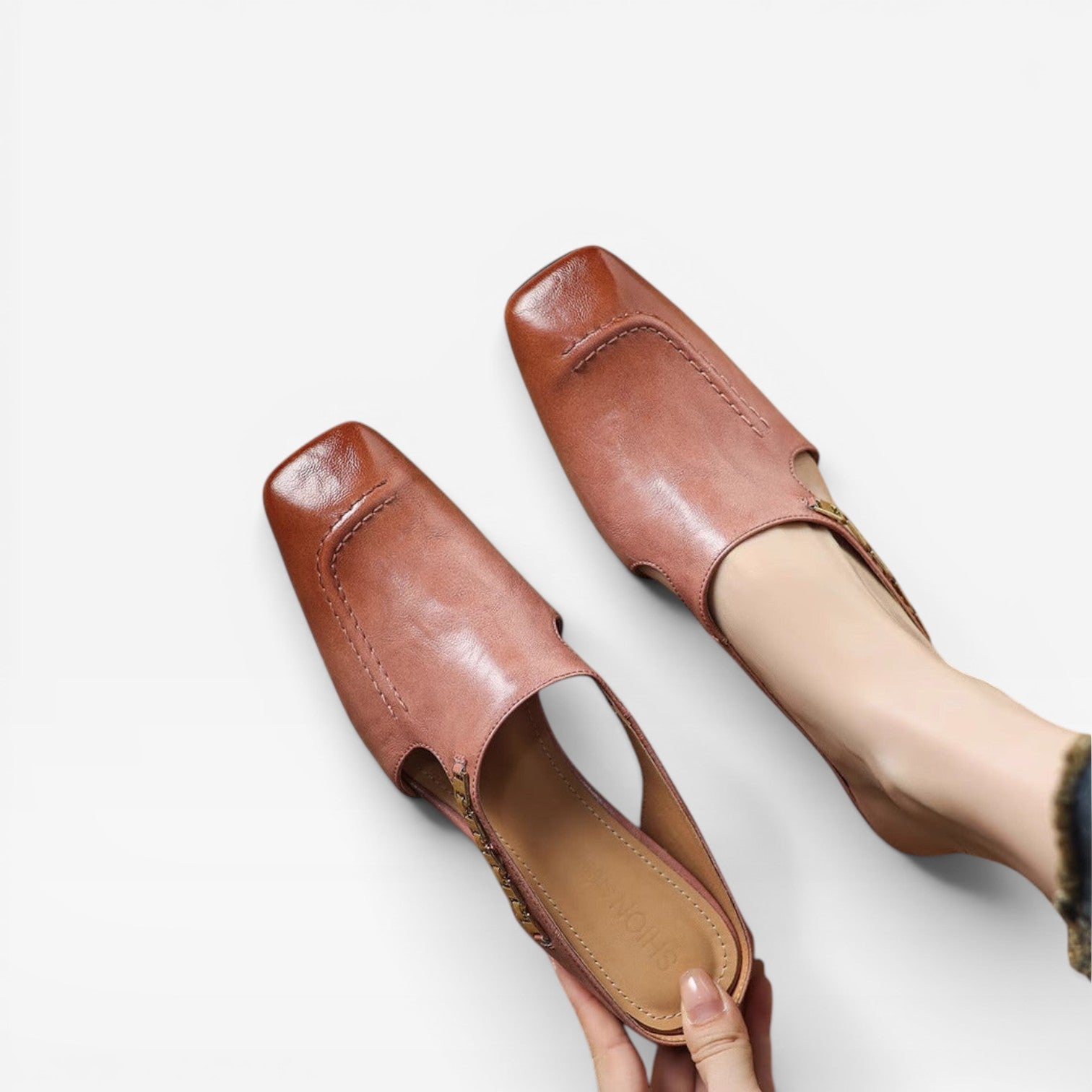 Square Toe Leather Mules, Gold Chain Low Heel Slip On