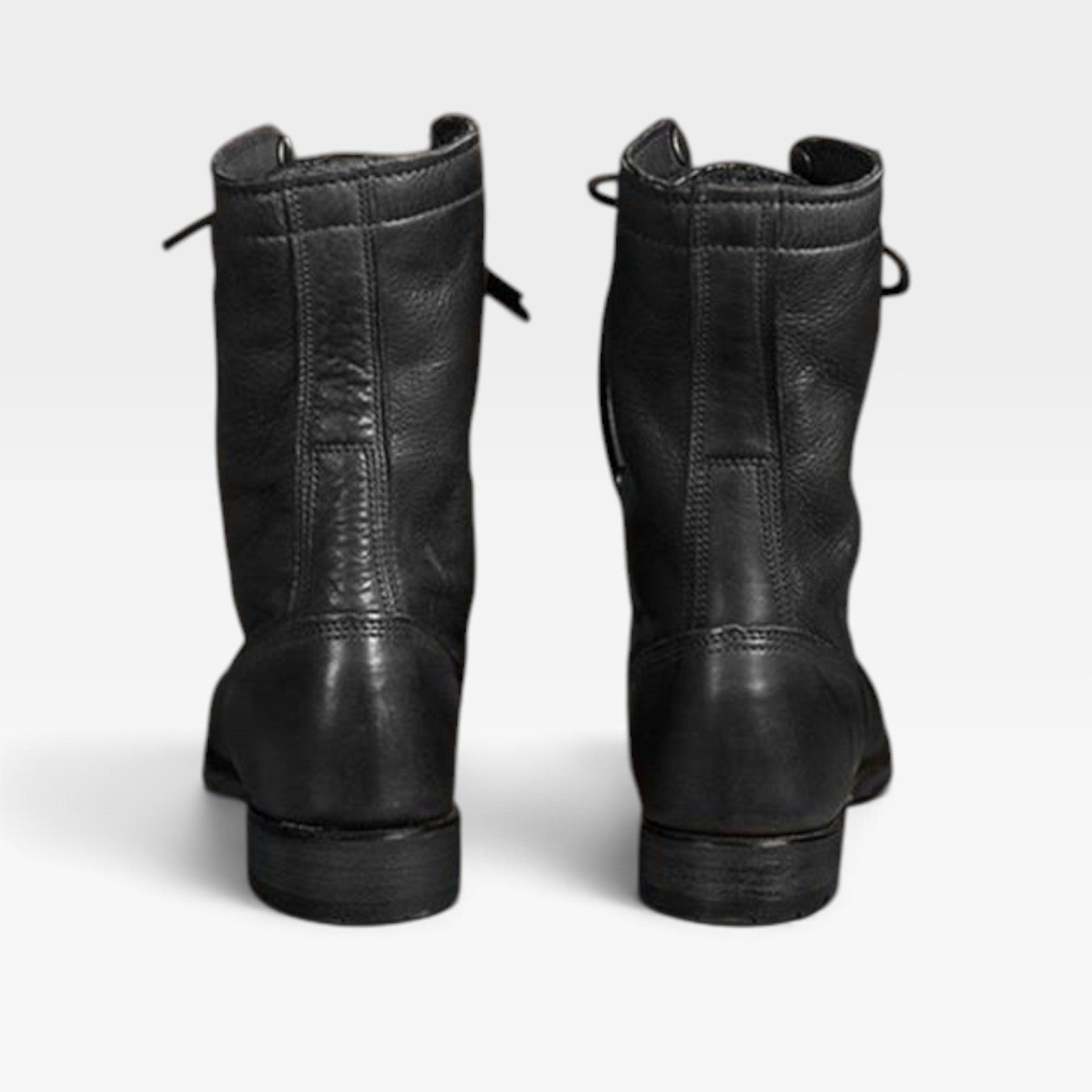 Leather Look Lace-Up Combat Boots, Low Block Rubber Sole