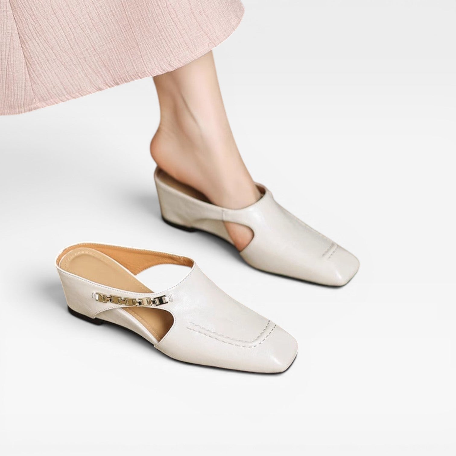 Square Toe Leather Mules, Gold Chain Low Heel Slip On