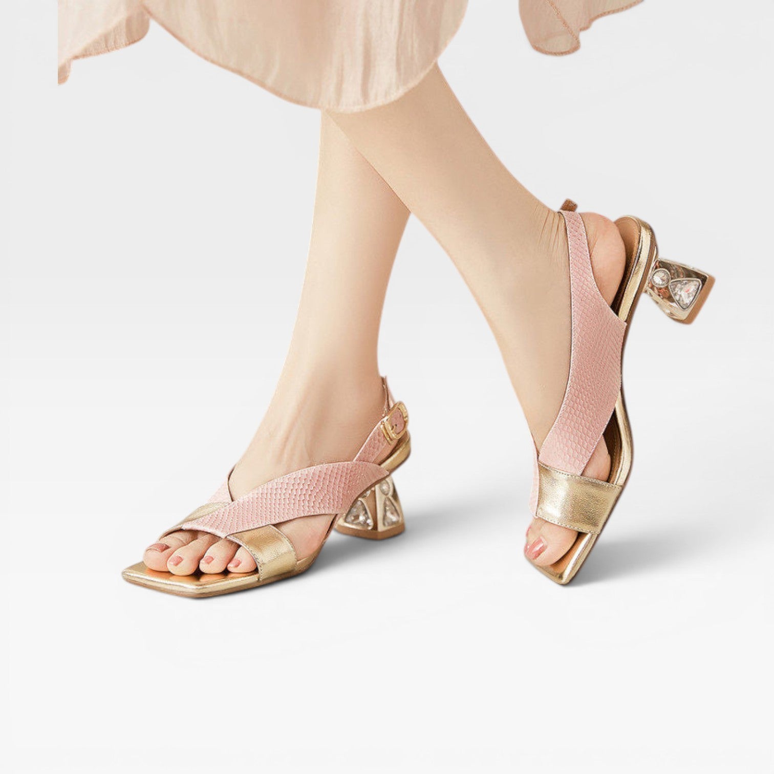 Sculpted Crystal Heel Leather Sandals, Slingback Pumps