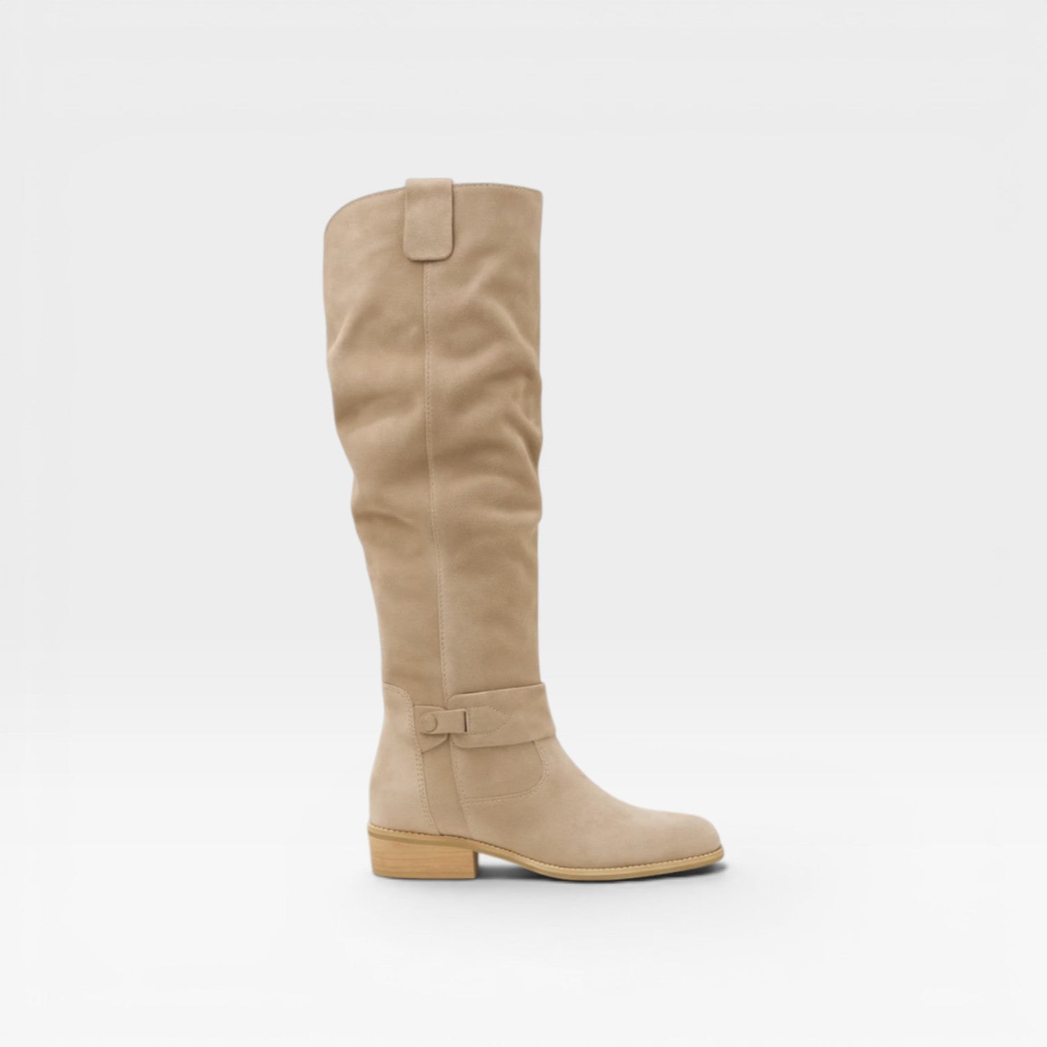 Slouchy Suede Knee High Boots, Buckle Low Block Heel