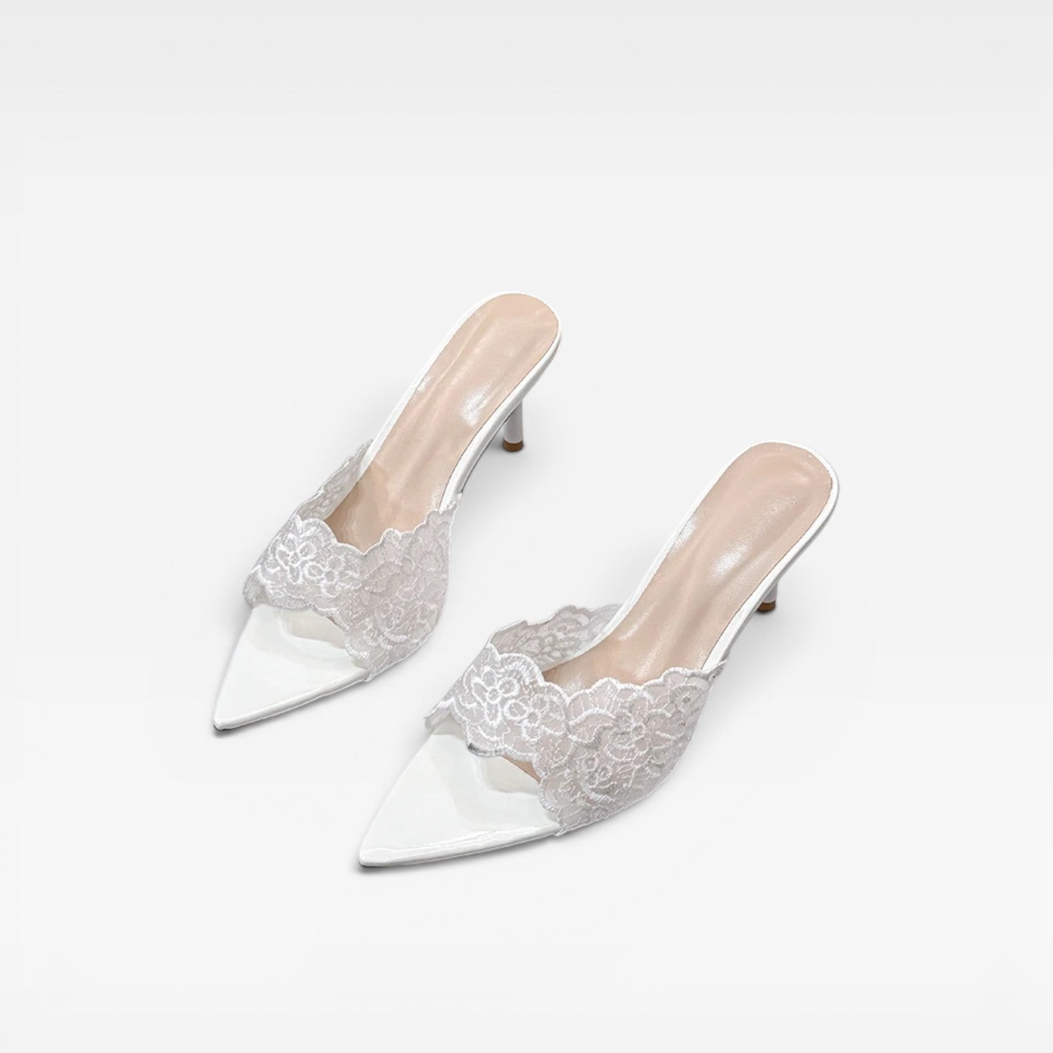 Lace Mule Heels, Scalloped Pointed Toe Mid Stiletto