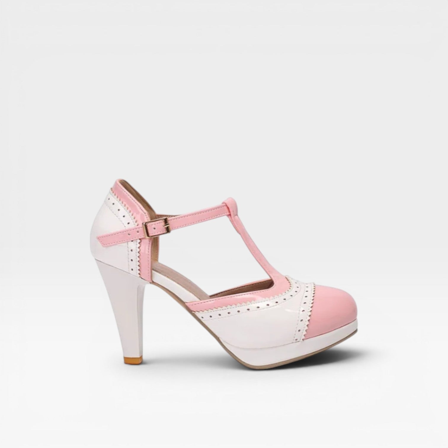 Two Tone Brogue Mary Jane Pumps, T Strap Block Heel