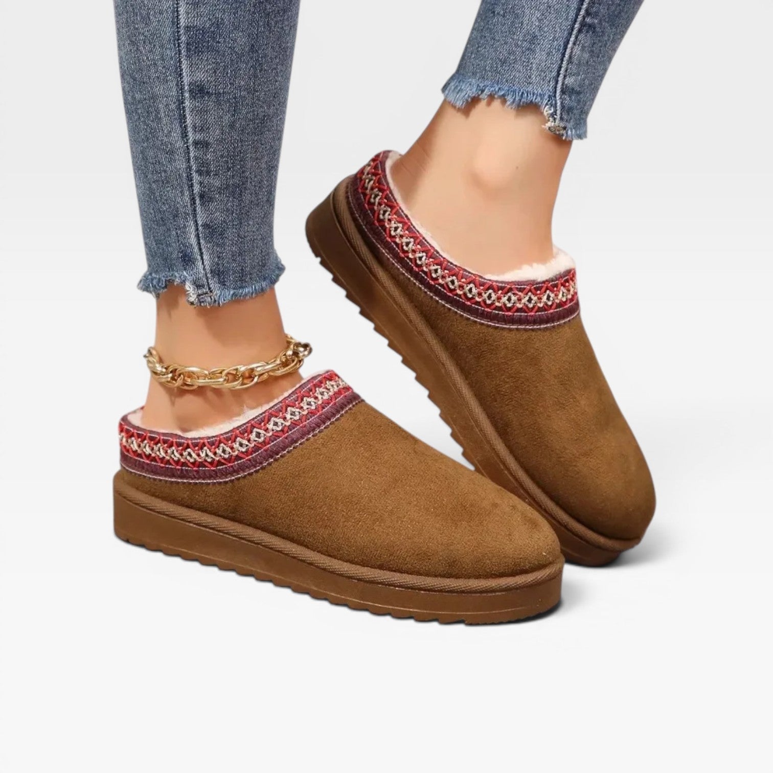 Fleece Lined Platform Mule Clogs, Embroidered Trim