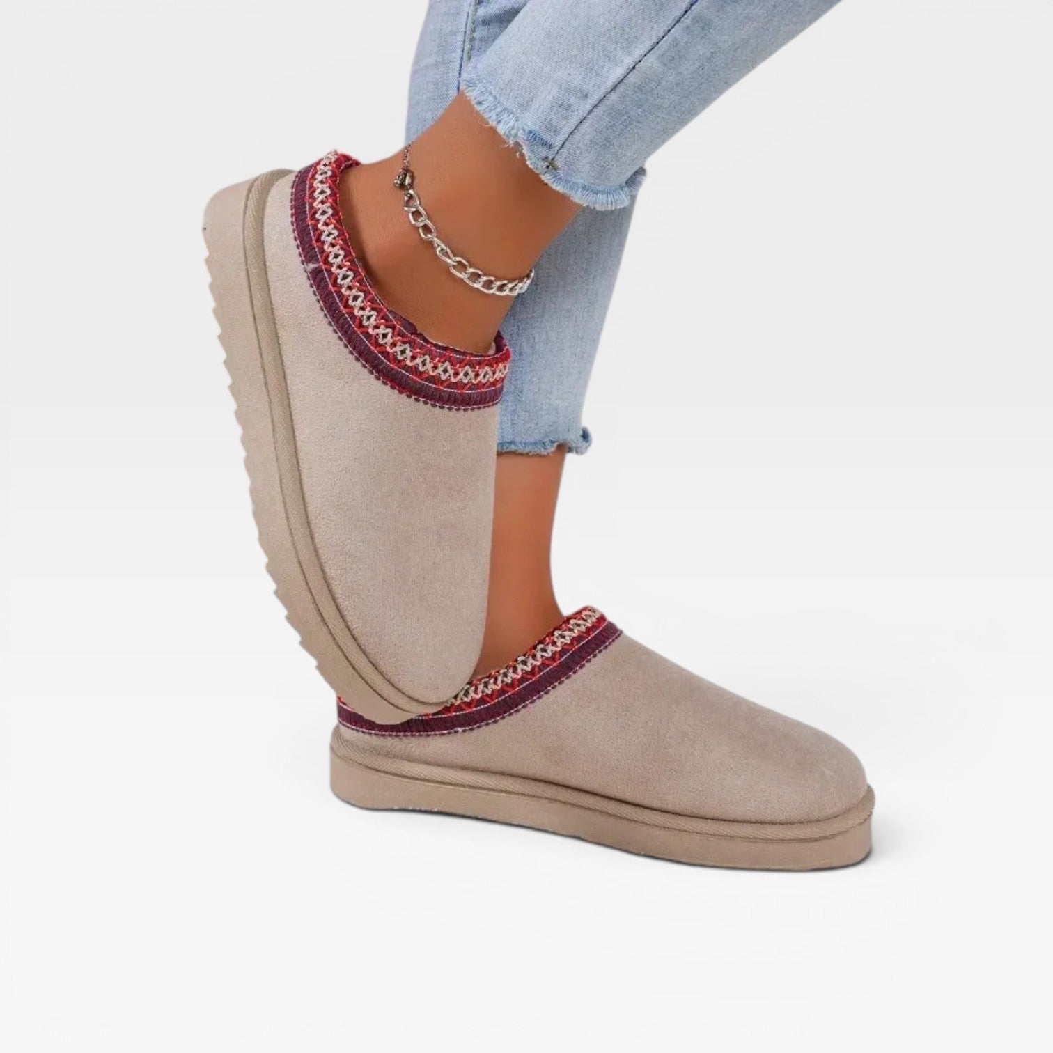 Fleece Lined Platform Mule Clogs, Embroidered Trim