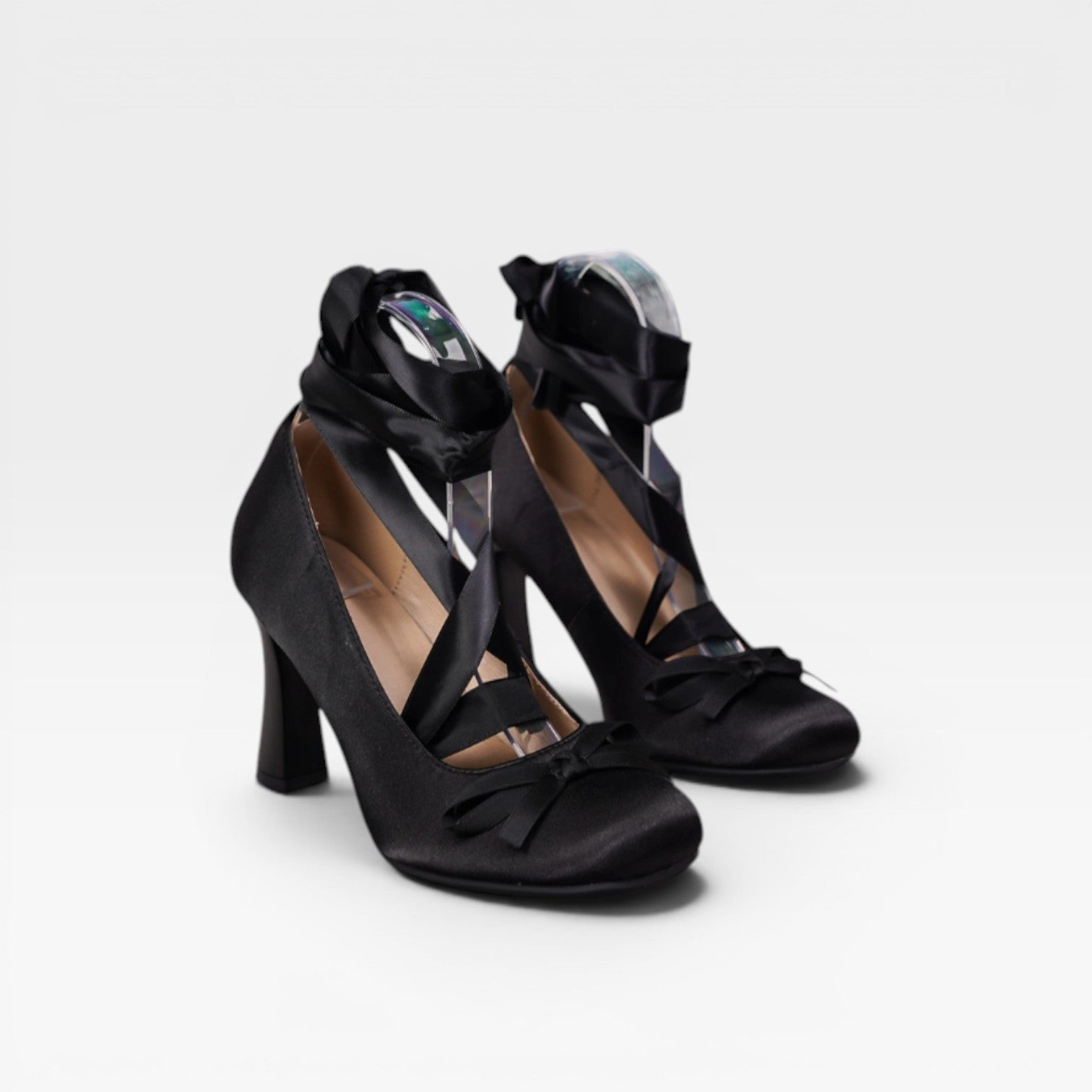 Satin Ballet Pumps, Ribbon Lace Up Block Heel Bow Shoes