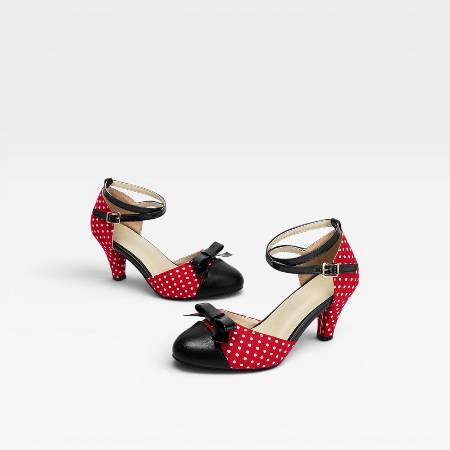 Polka Dot Pumps, Bow Cap Toe Chunky Curved Heel Shoes