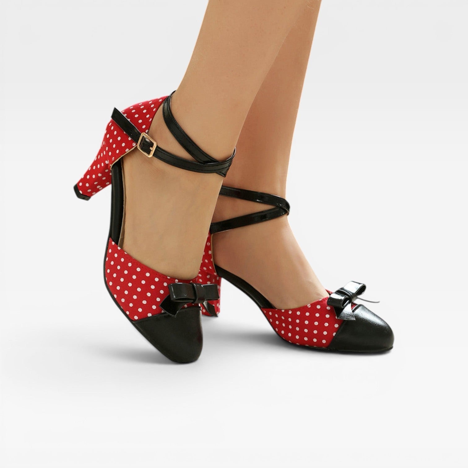 Polka Dot Pumps, Bow Cap Toe Chunky Curved Heel Shoes