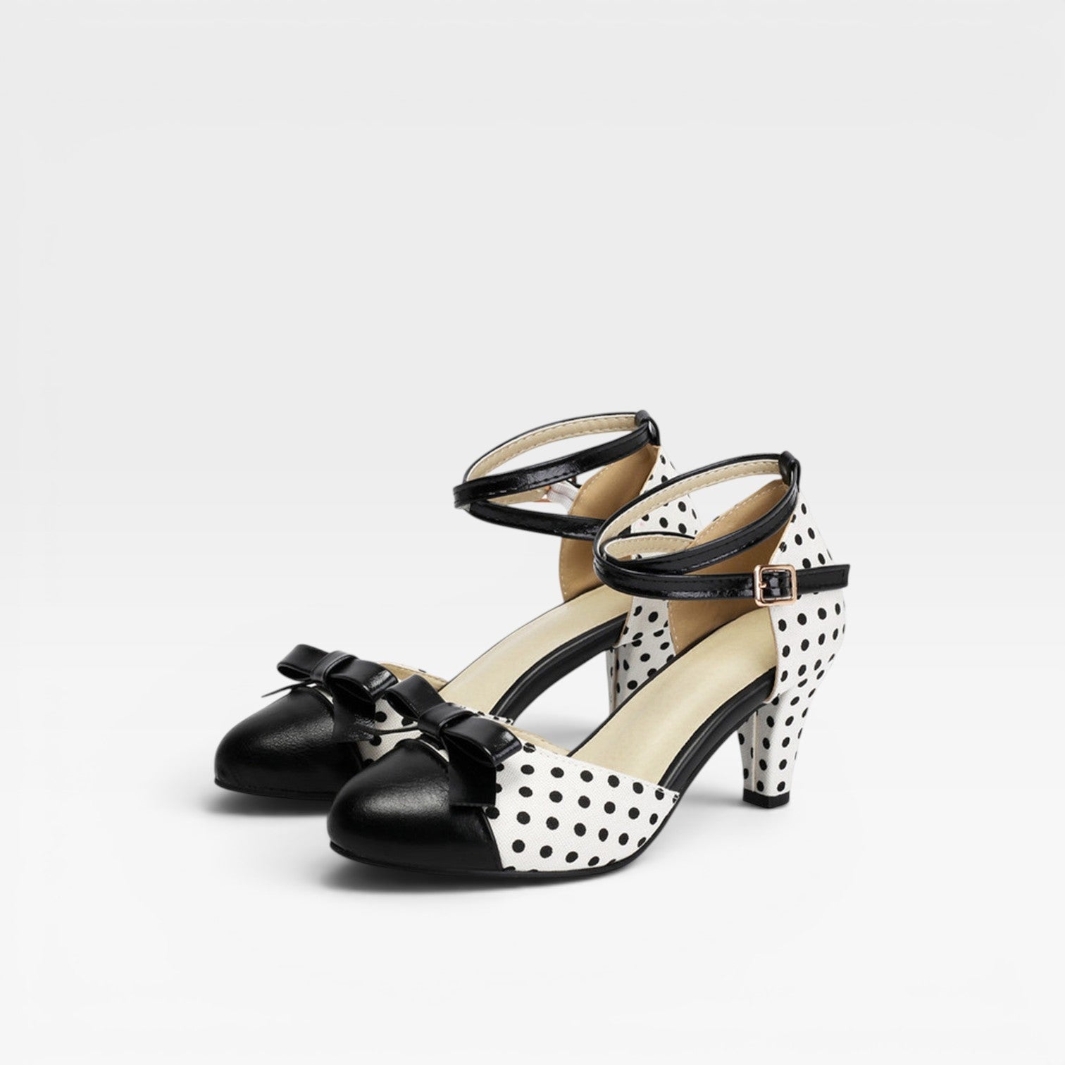 Polka Dot Pumps, Bow Cap Toe Chunky Curved Heel Shoes