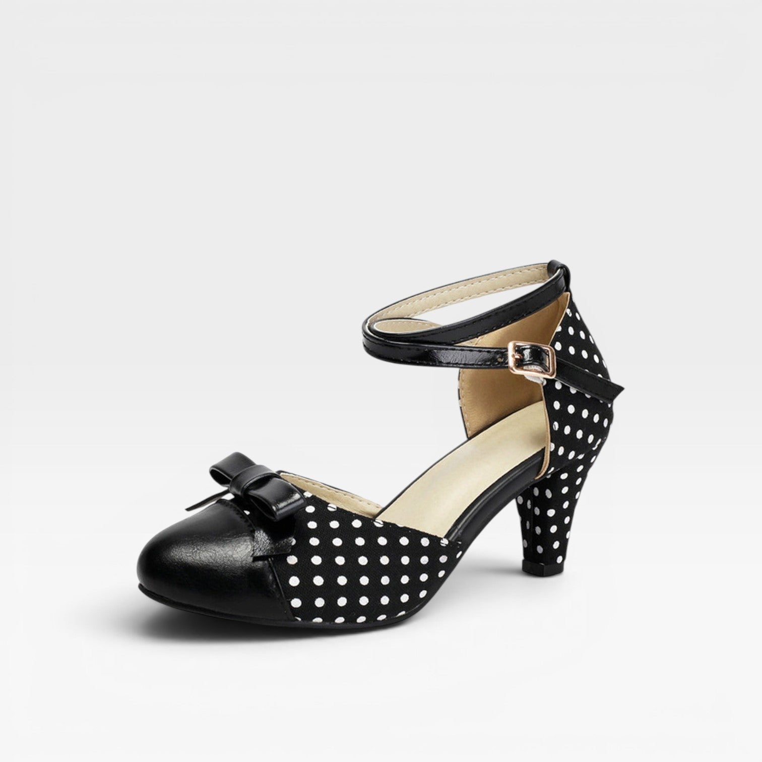 Polka Dot Pumps, Bow Cap Toe Chunky Curved Heel Shoes