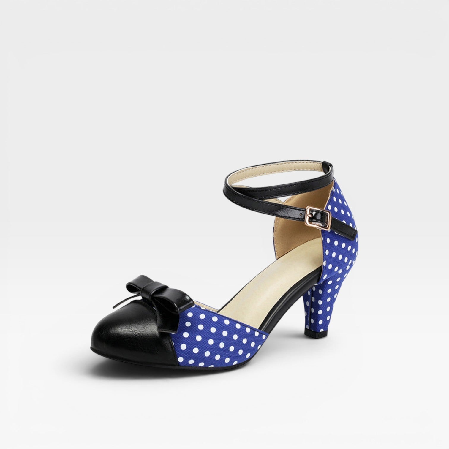 Polka Dot Pumps, Bow Cap Toe Chunky Curved Heel Shoes