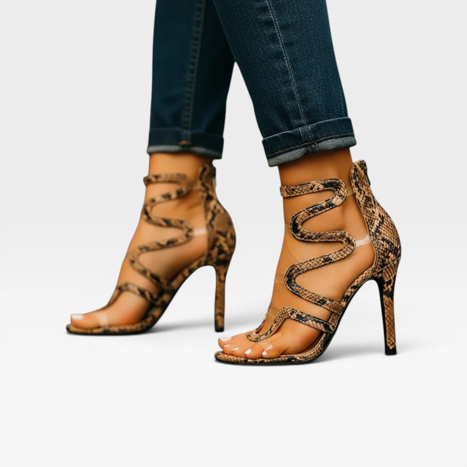 Reptile Print Stiletto Sandals, Spiral Ankle Wrap Heel