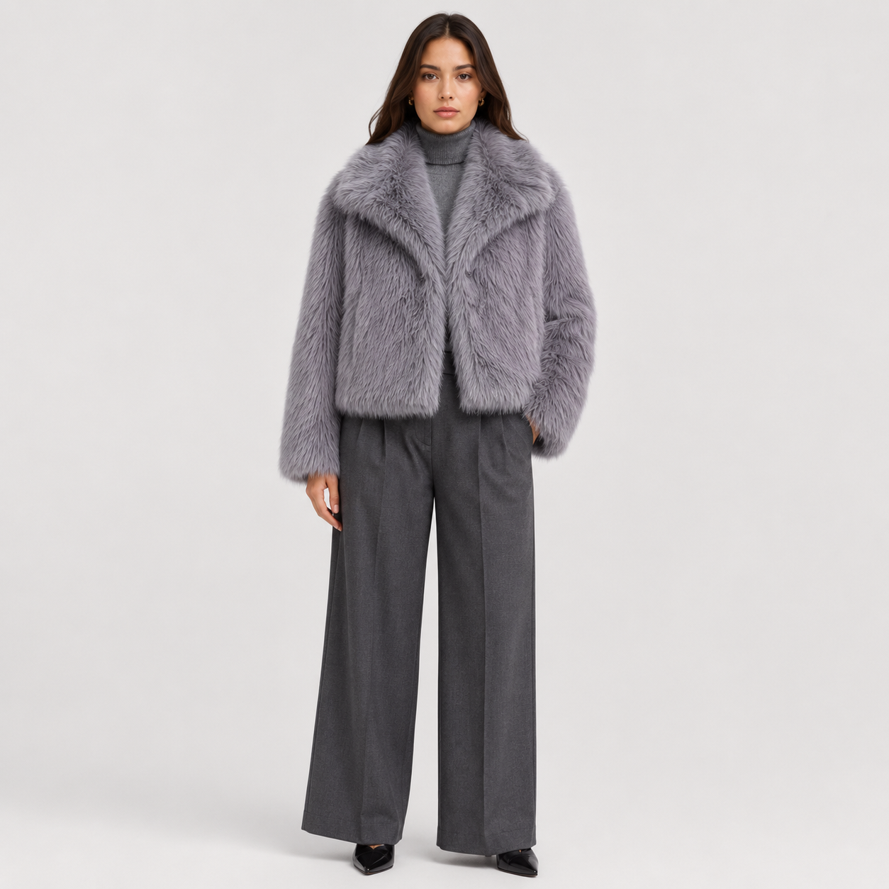 Faux Fur Jacket, Oversized Collar Plush Winter Coat