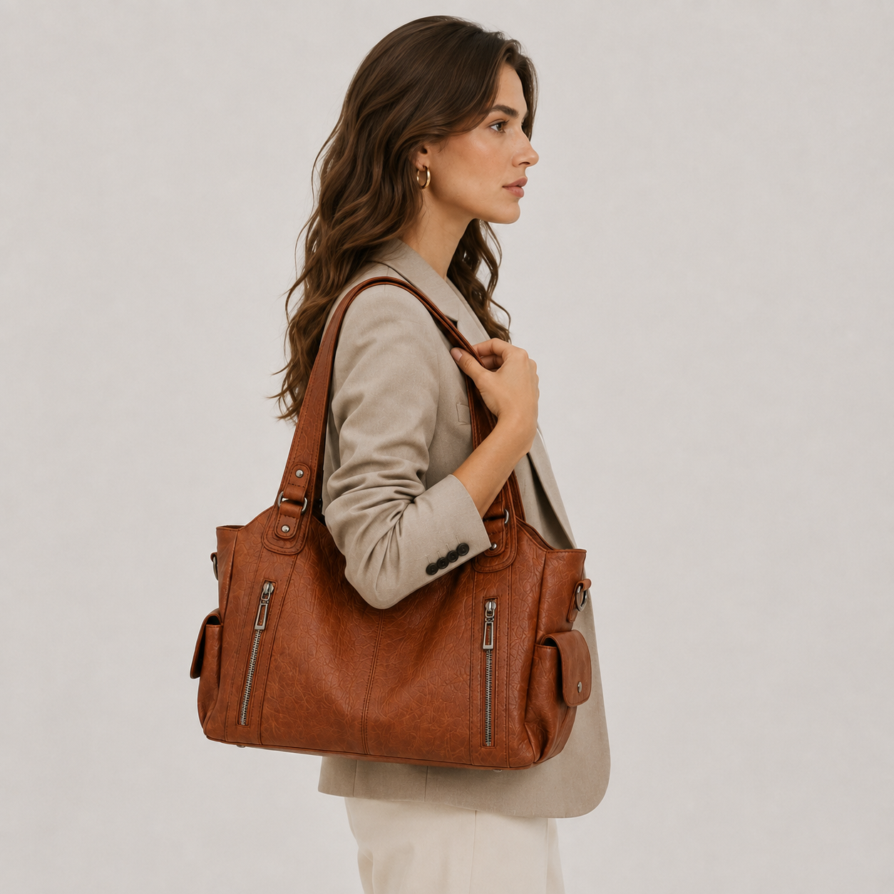 Structured Faux Leather Shoulder Bag, Spacious Purse
