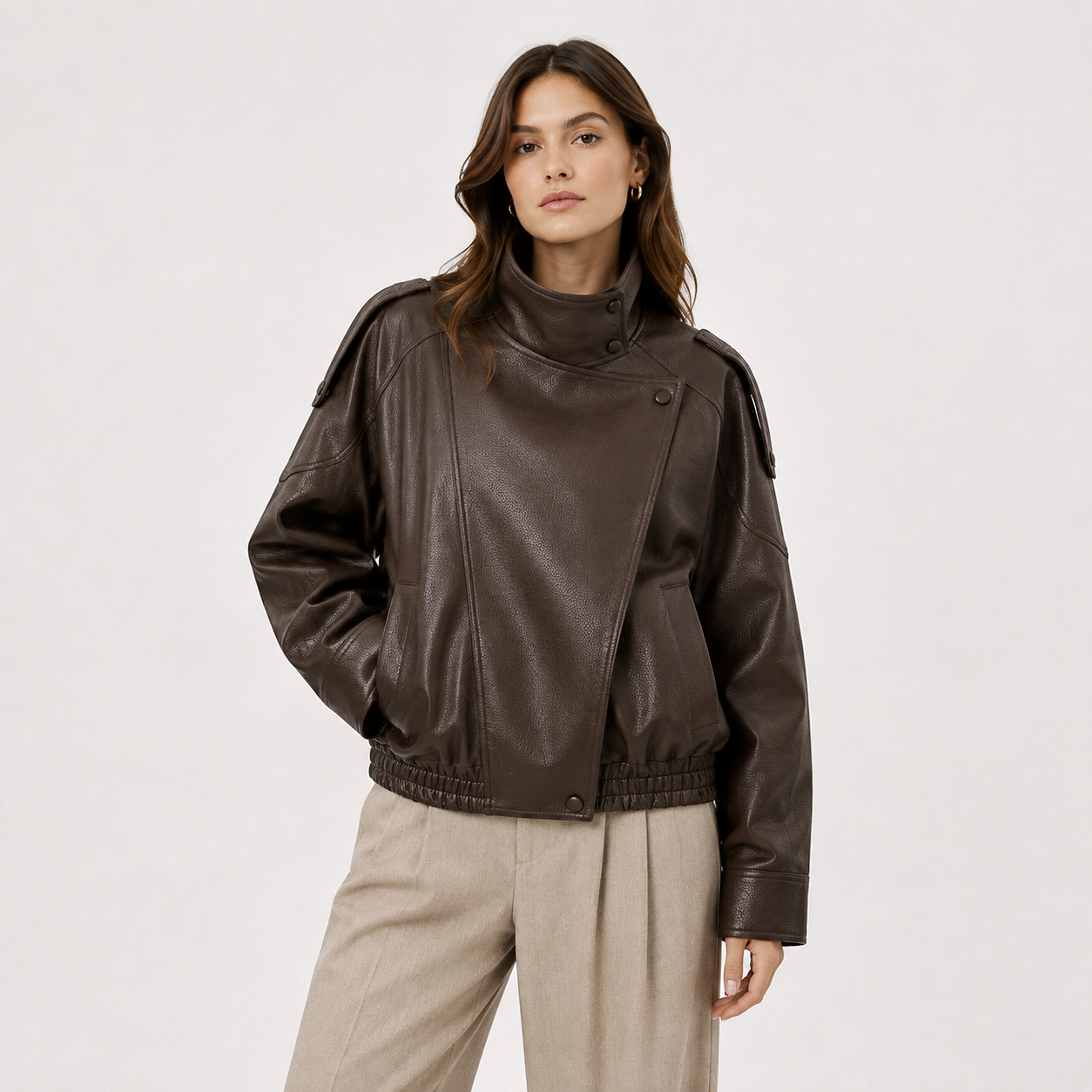 Asymmetric Faux Leather Jacket, Relaxed Loose Fit Coat