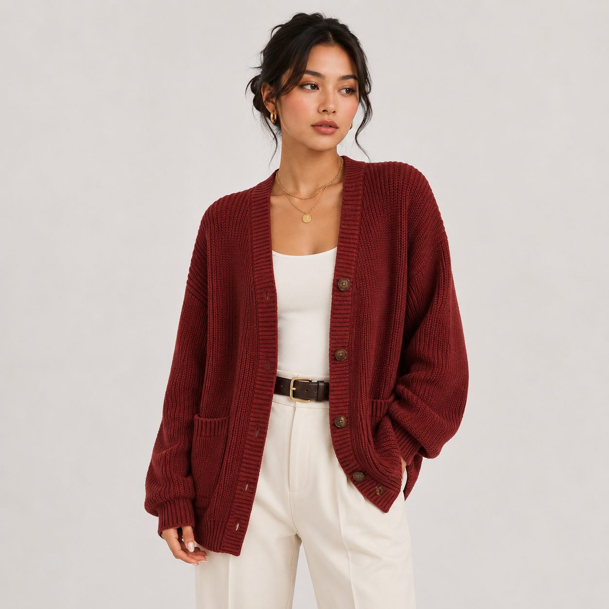 Button Front Knit Cardigan, Soft Long Sleeve Layer