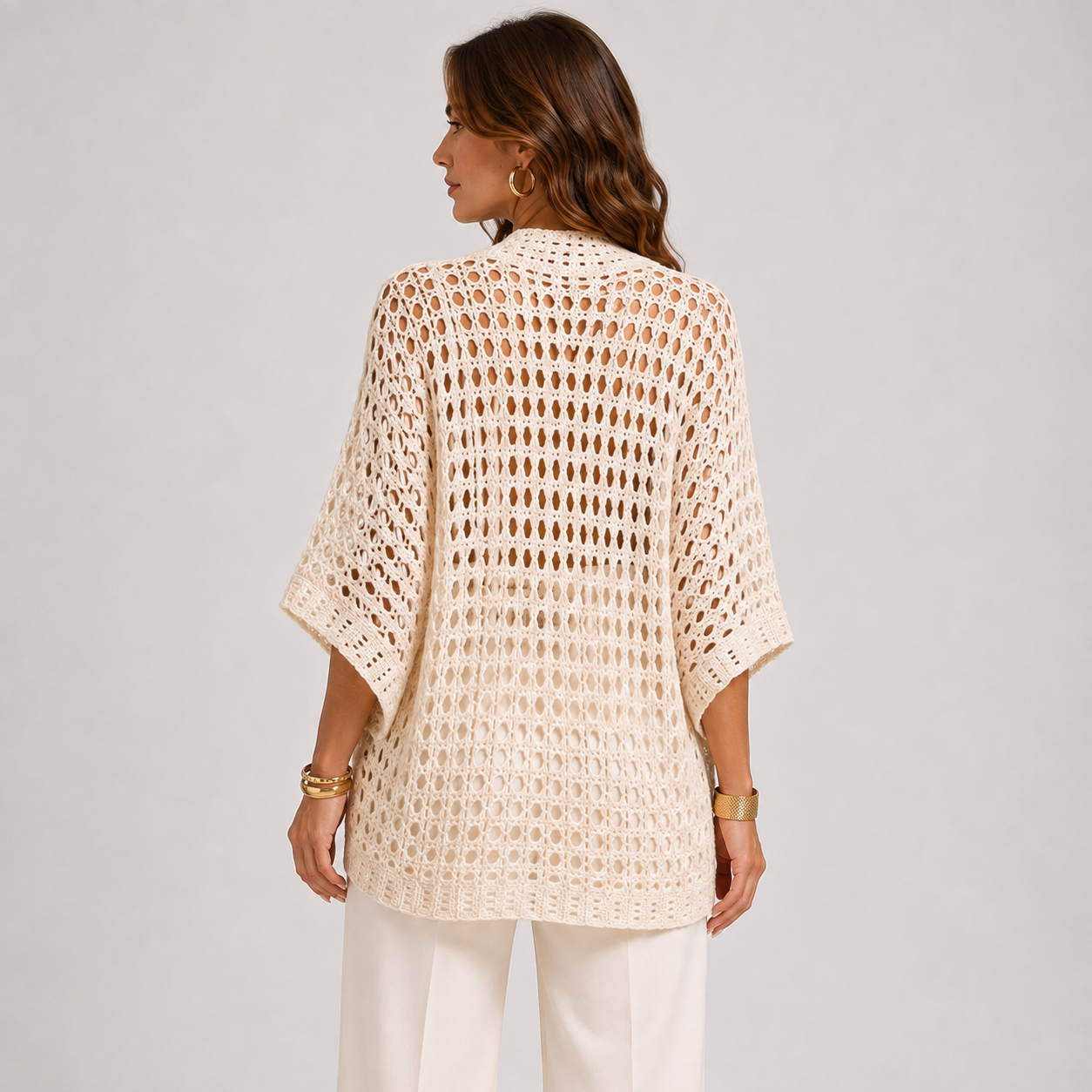Crochet Cardigan, Lightweight Open Front Beige Layer