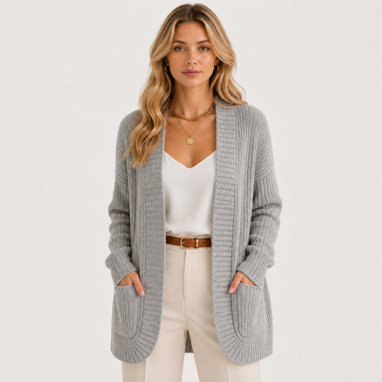 Ribbed Knit Sweater with Pockets, Relaxed Long Sleeve