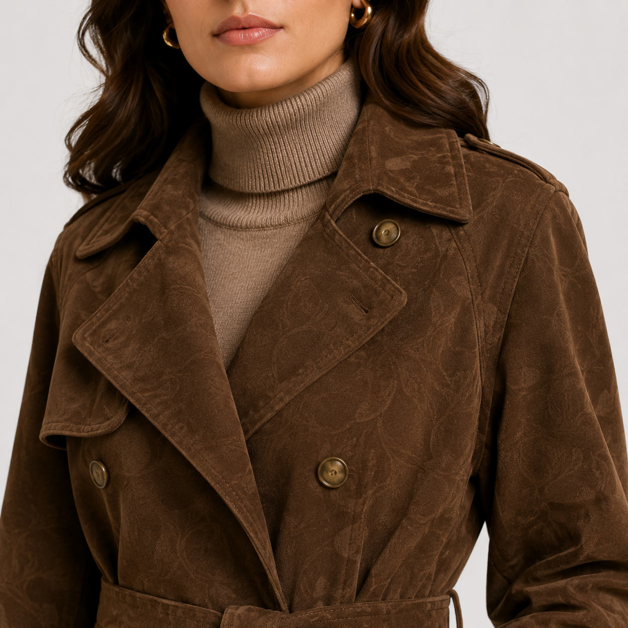 Belted Suede Coat, Double Breasted Long Brown Coat
