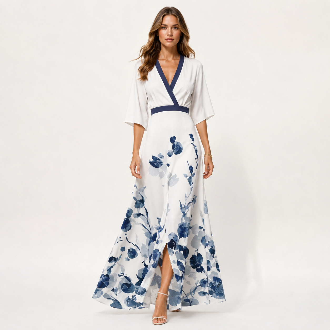 Floral Print A-Line Maxi Dress, V-Neck Full Length