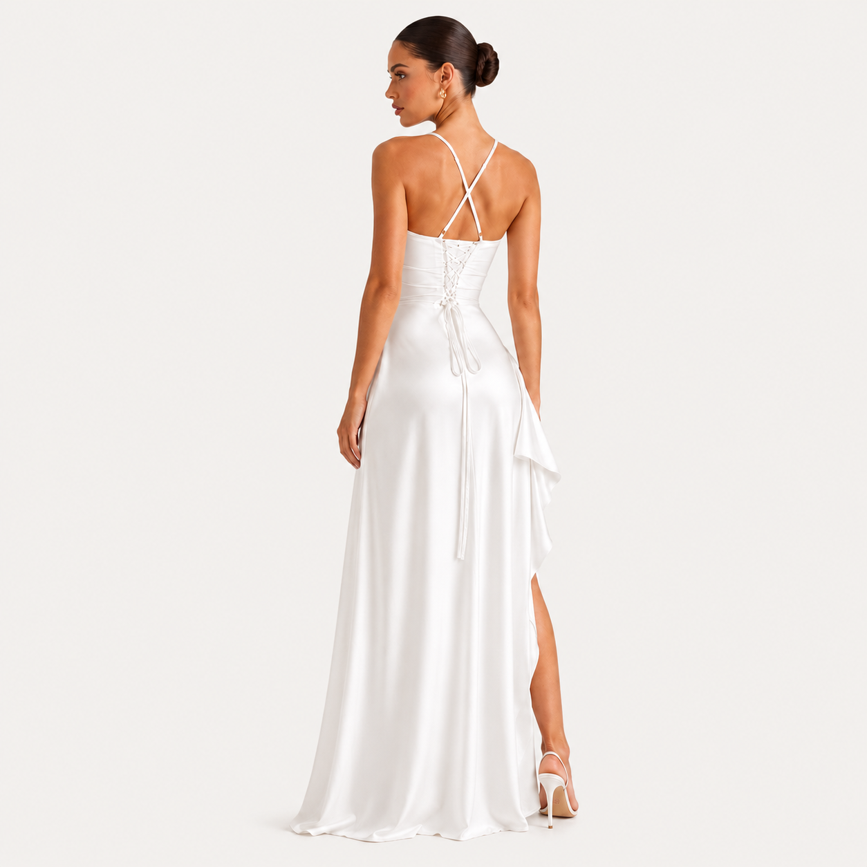 Satin Maxi Dress, Sleeveless Draped Side Slit Gown