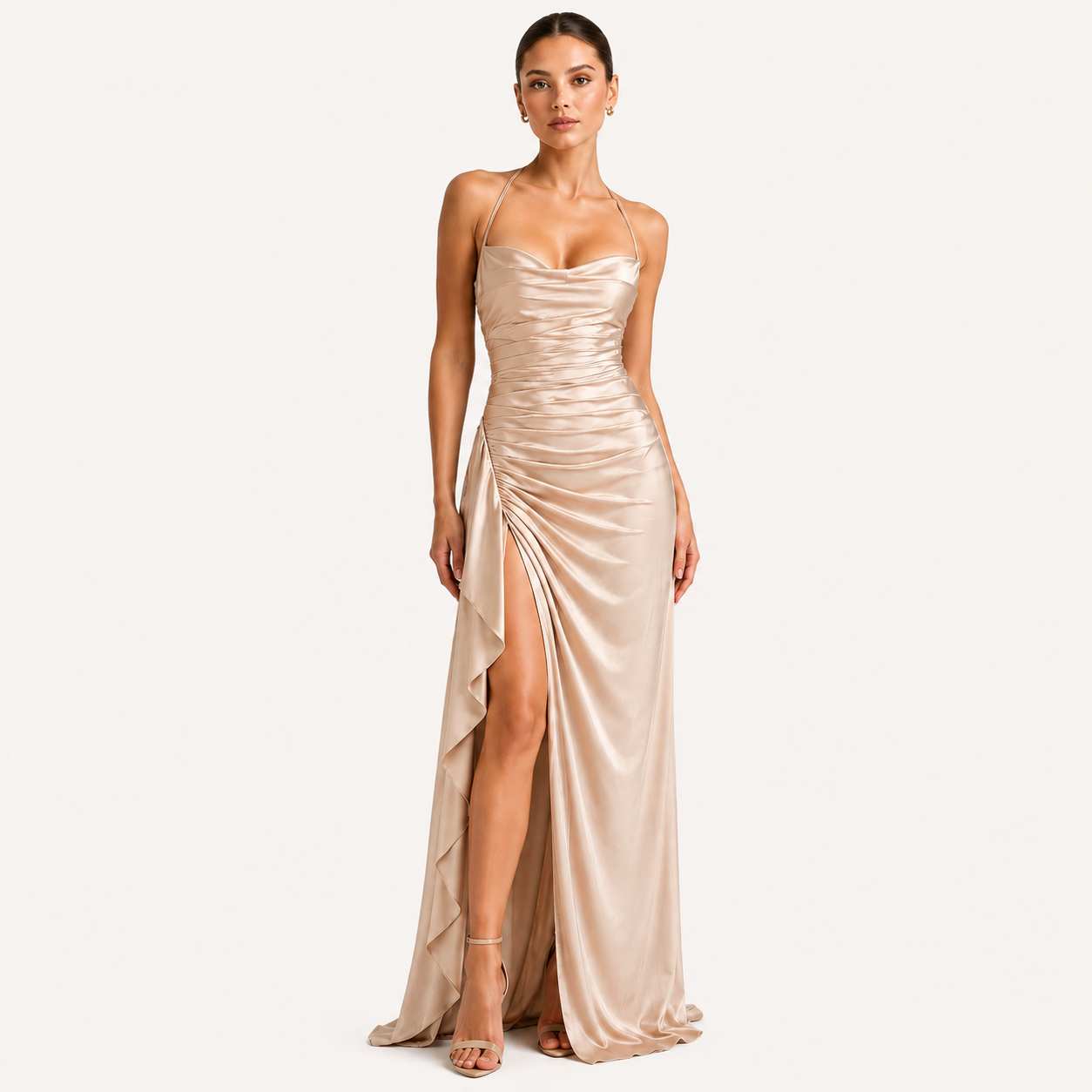 Satin Maxi Dress, Sleeveless Draped Side Slit Gown