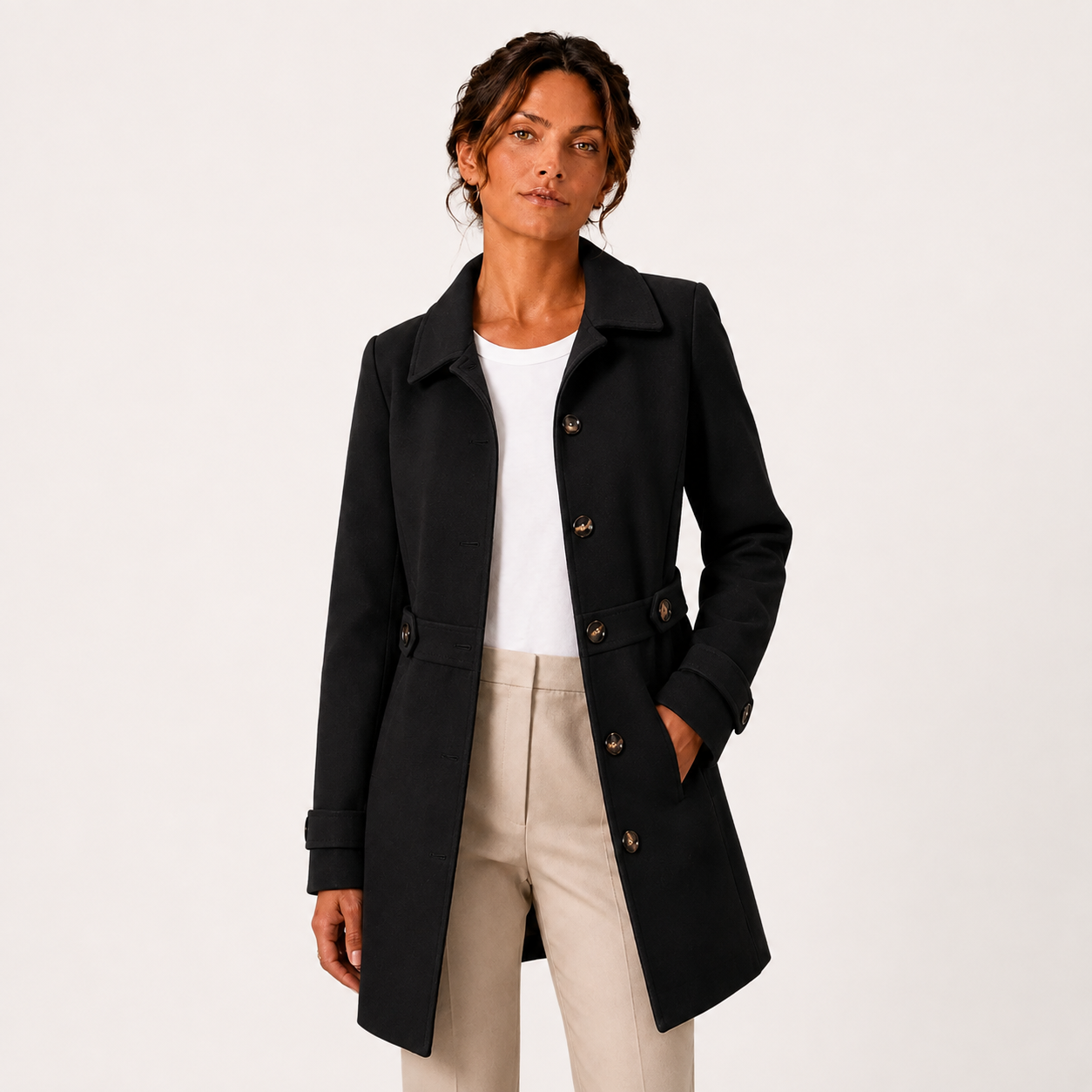 Mid Length Trench Coat, Classic Button Front Layer