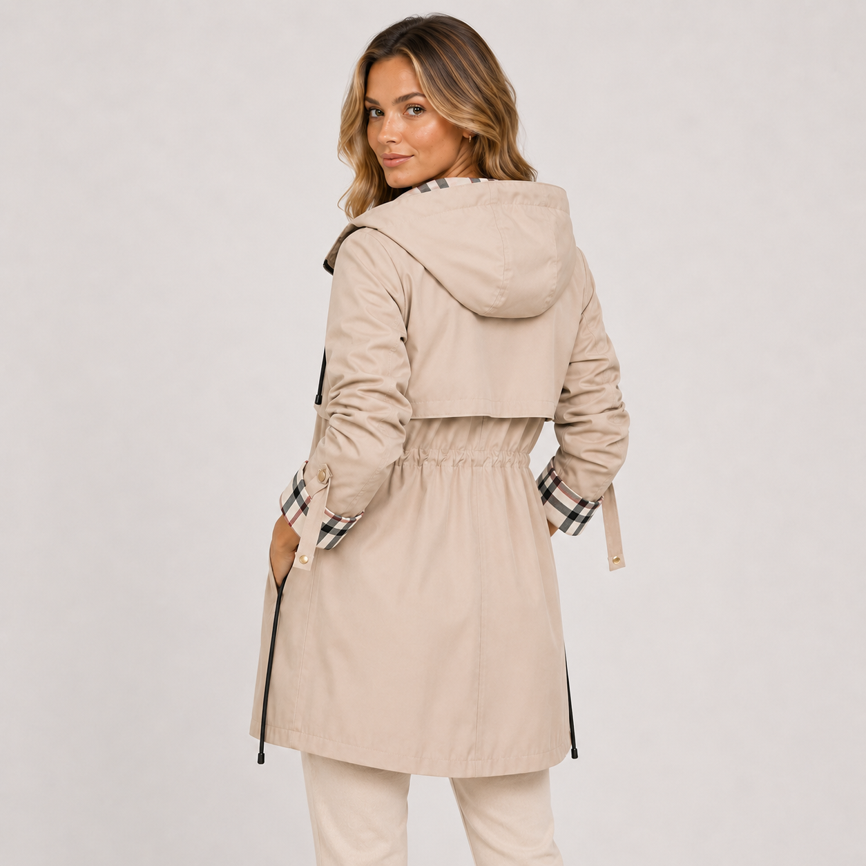 Long Hooded Jacket, Adjustable Waist Zip Front Coat