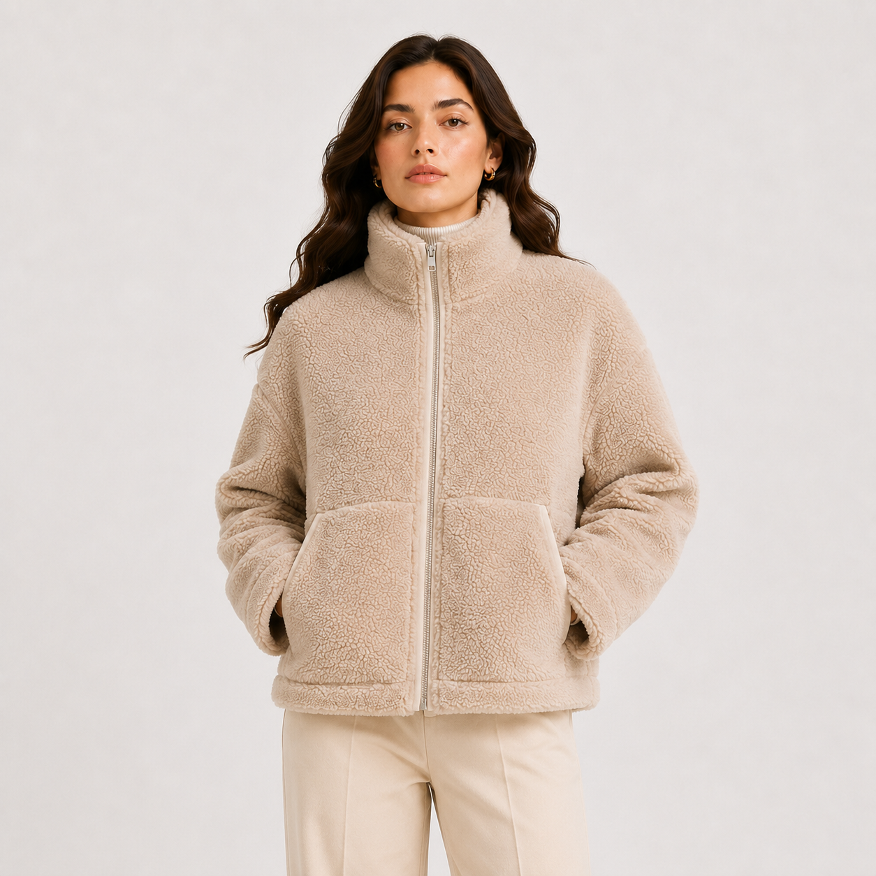 Full Zip Plush Fleece Jacket, Stand Collar and Pockets