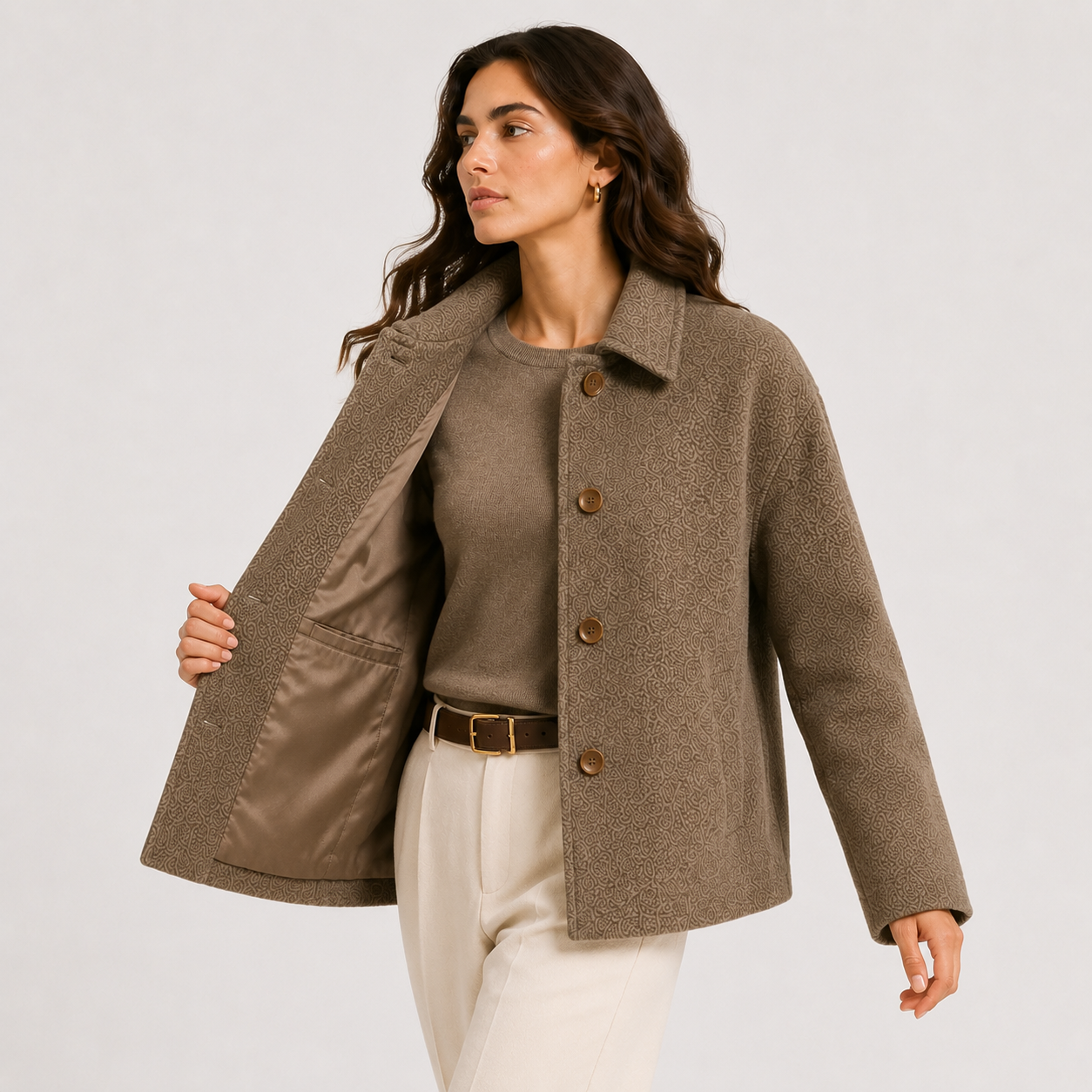 Button Front Jacket, Relaxed Taupe Collared Warm Coat
