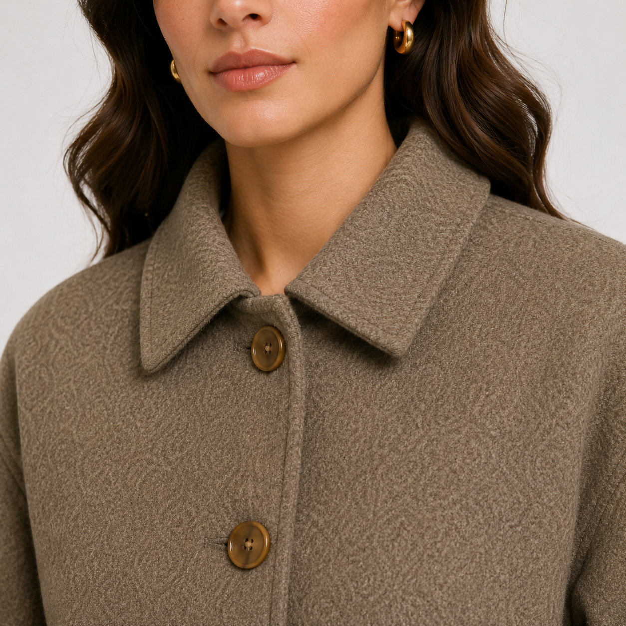 Button Front Jacket, Relaxed Taupe Collared Warm Coat