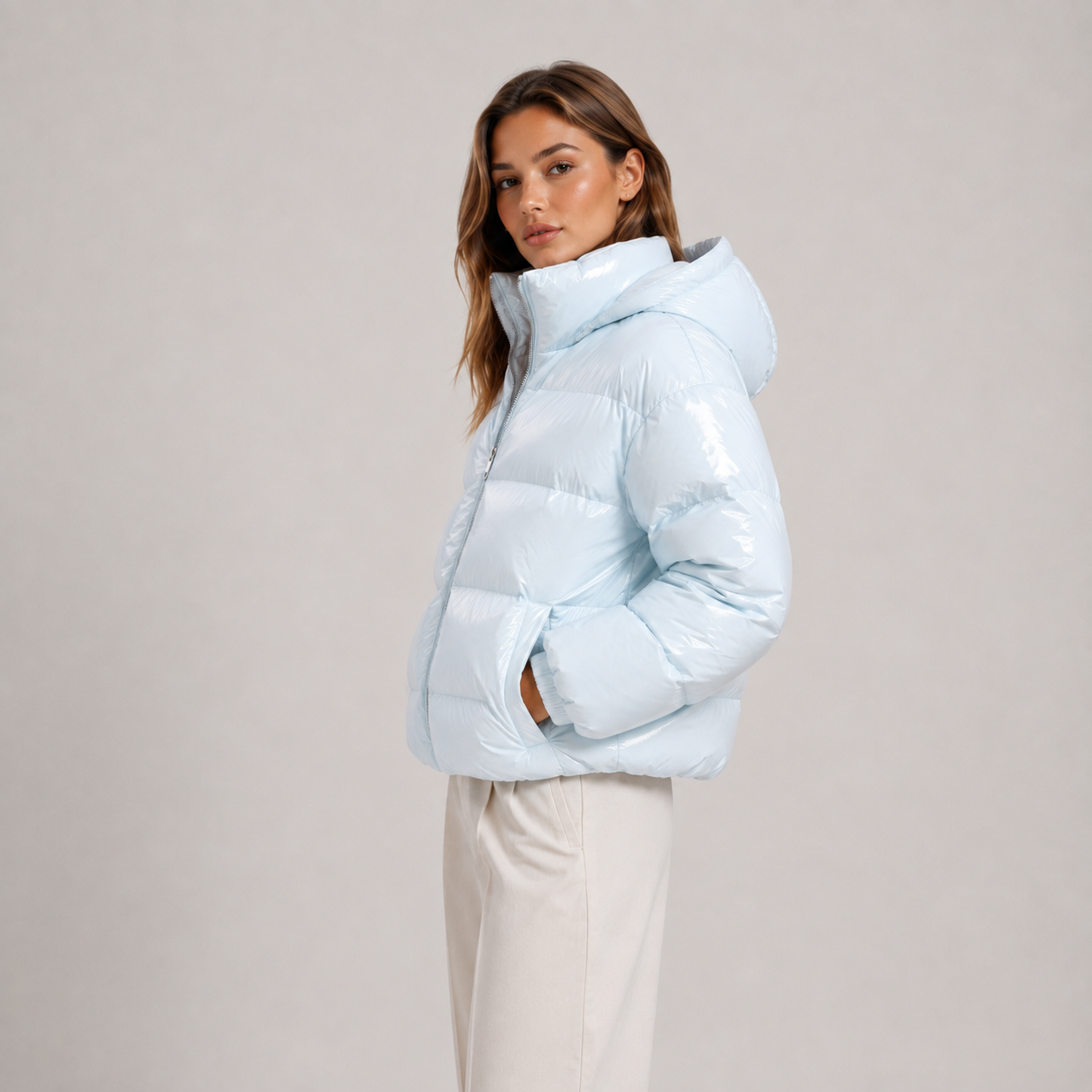 Short Hooded Puffer Jacket, Full Zip Elastic Waist