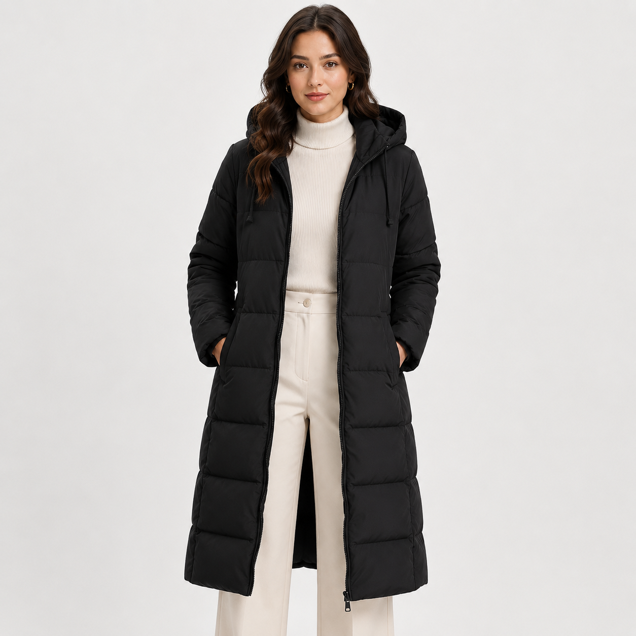 Long Puffer Coat, Hooded Quilted Full Length Warmth