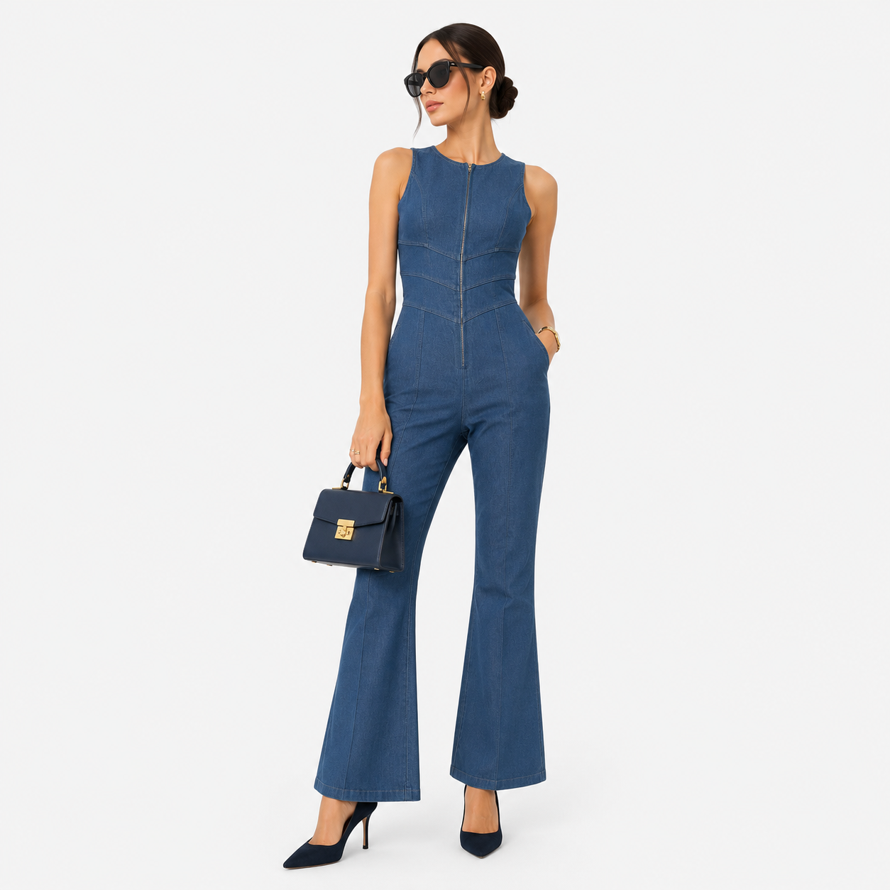 Denim Jumpsuit, Zip Front Flared Wide Leg One Piece
