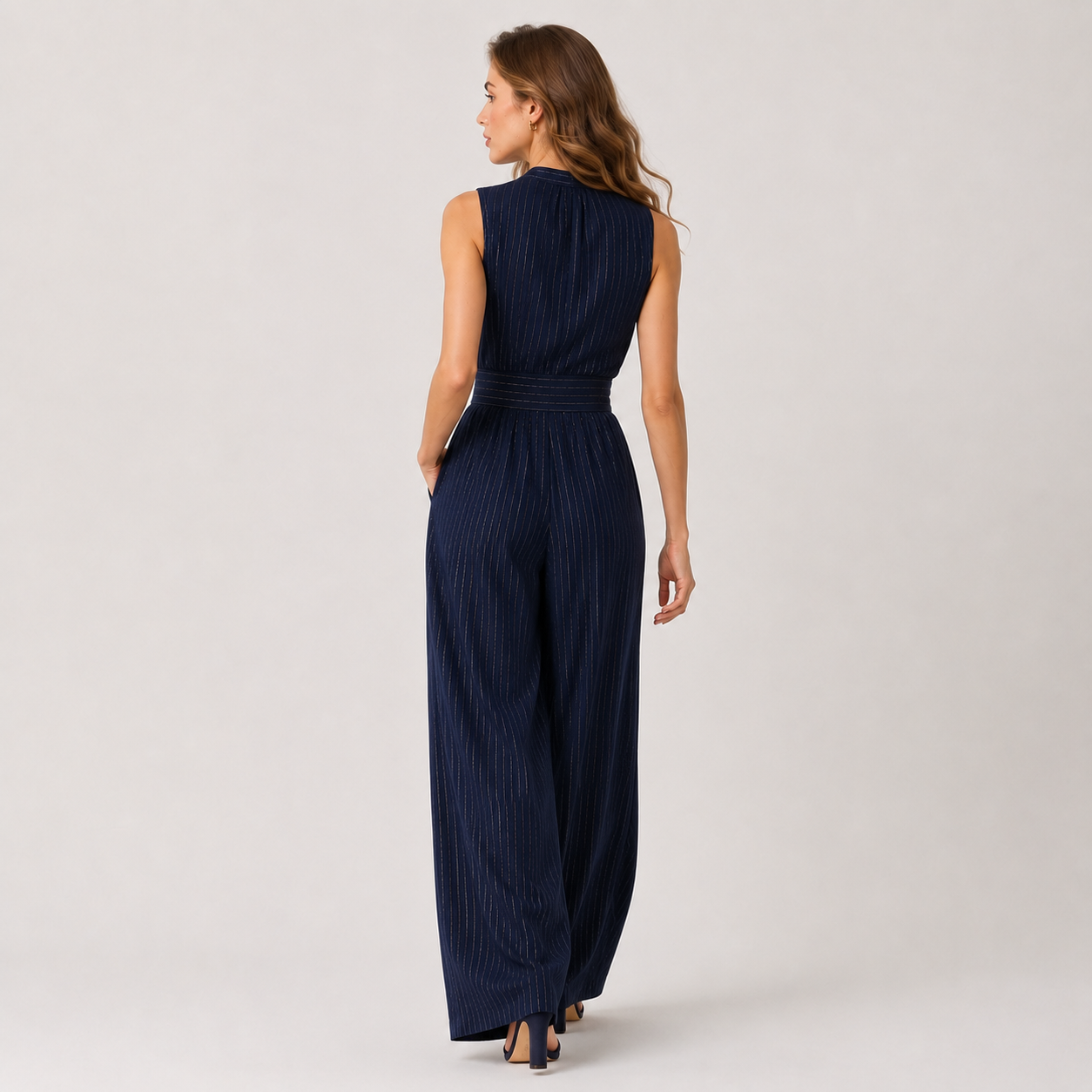 Lightweight Sleeveless Jumpsuit, Wide Leg Navy Cut