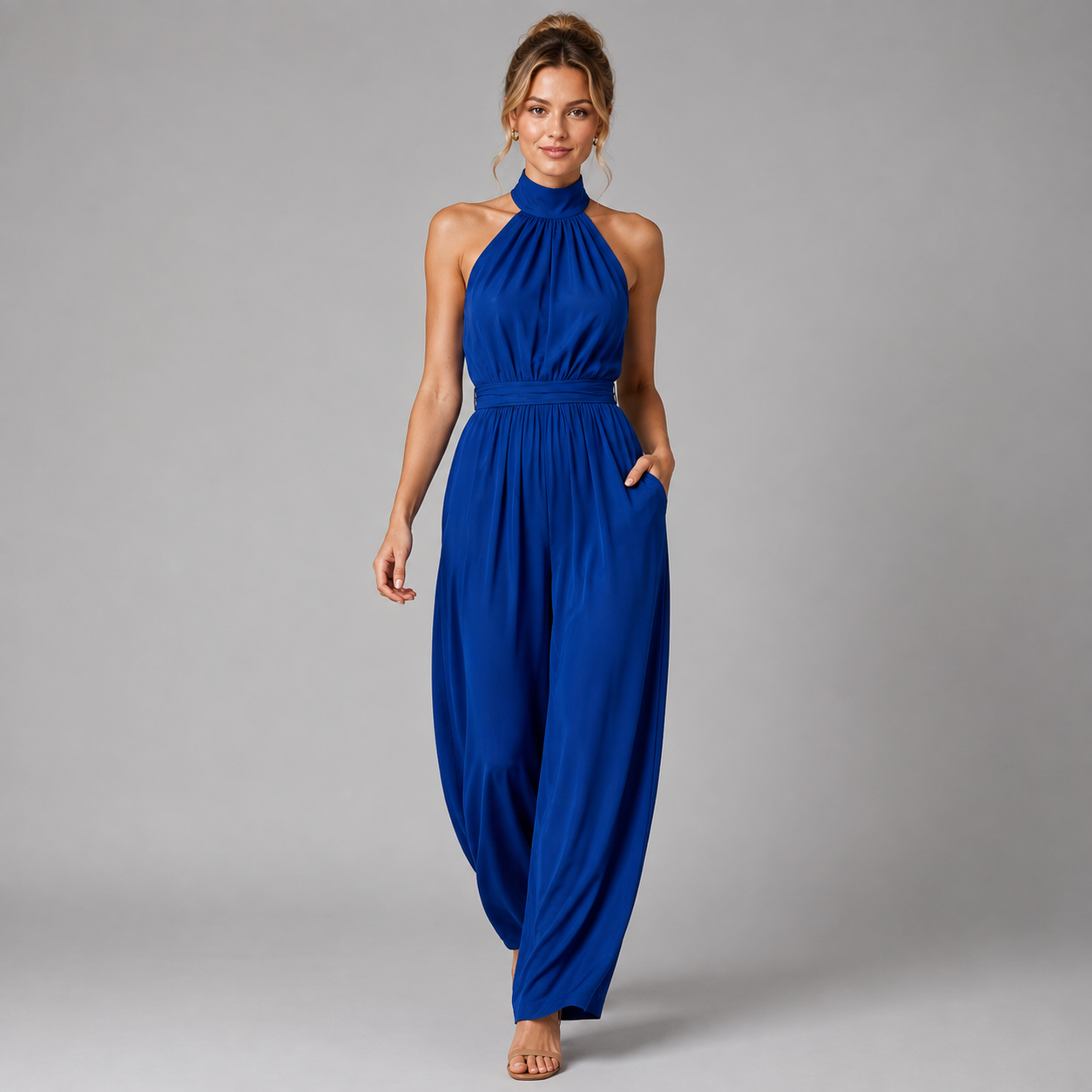 Halter Neck Wide Leg Jumpsuit, Flowing Formal Outfit