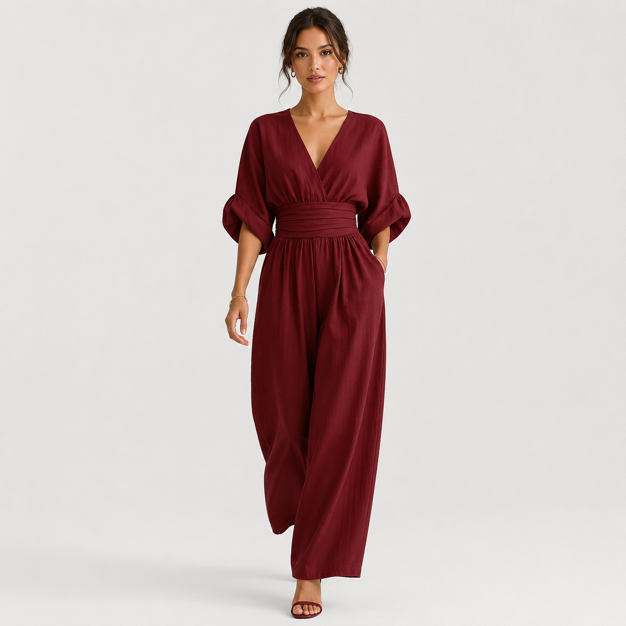 V Neck Wide Leg Jumpsuit, High Waist One Piece Outfit