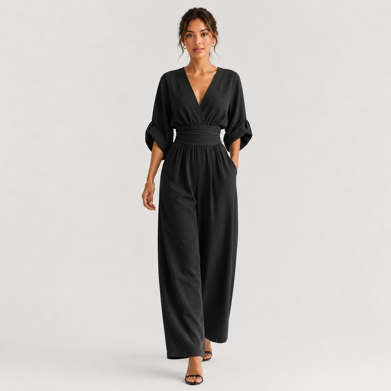 V Neck Wide Leg Jumpsuit, High Waist One Piece Outfit