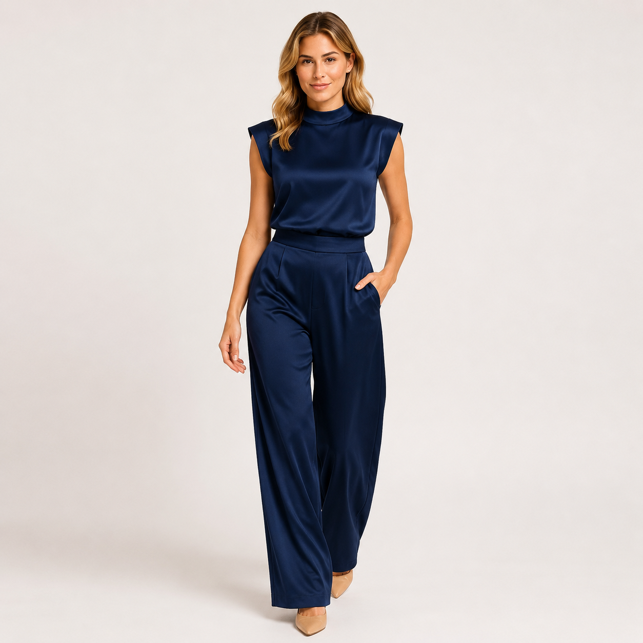 Satin Look Wide Leg Jumpsuit, Open Back Sleeveless