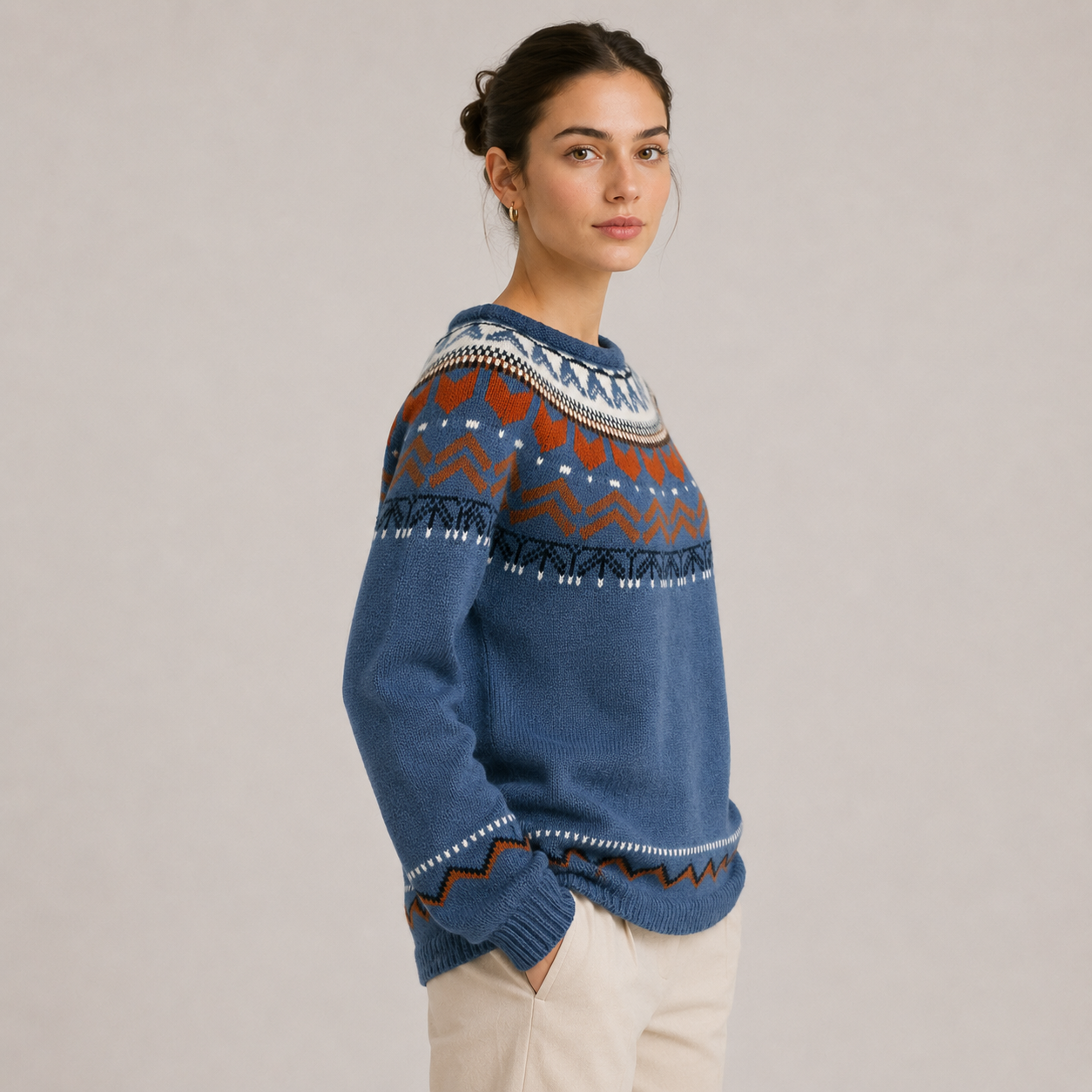Nordic Pattern Knit Sweater, Cozy Crew Neck Pullover