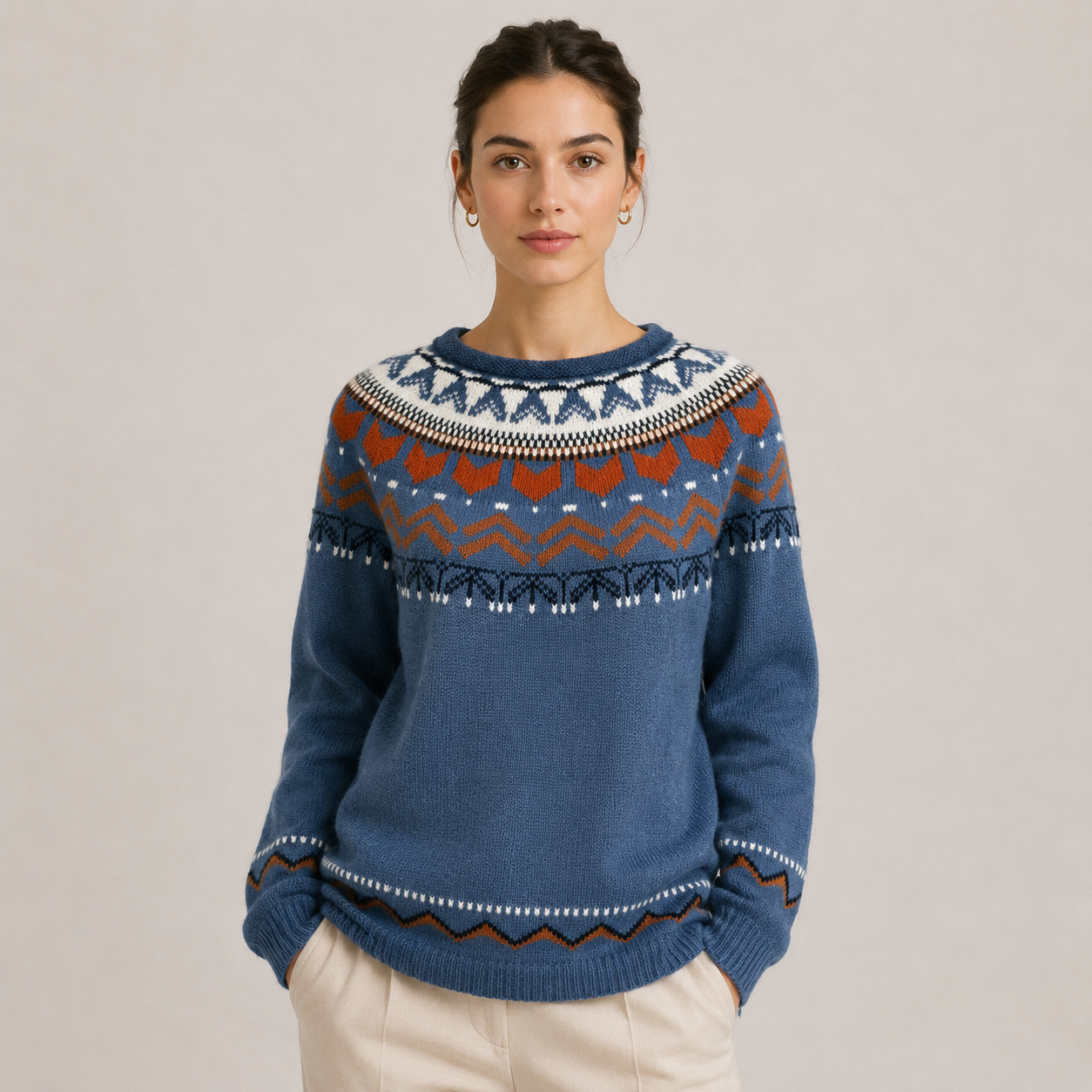 Nordic Pattern Knit Sweater, Cozy Crew Neck Pullover