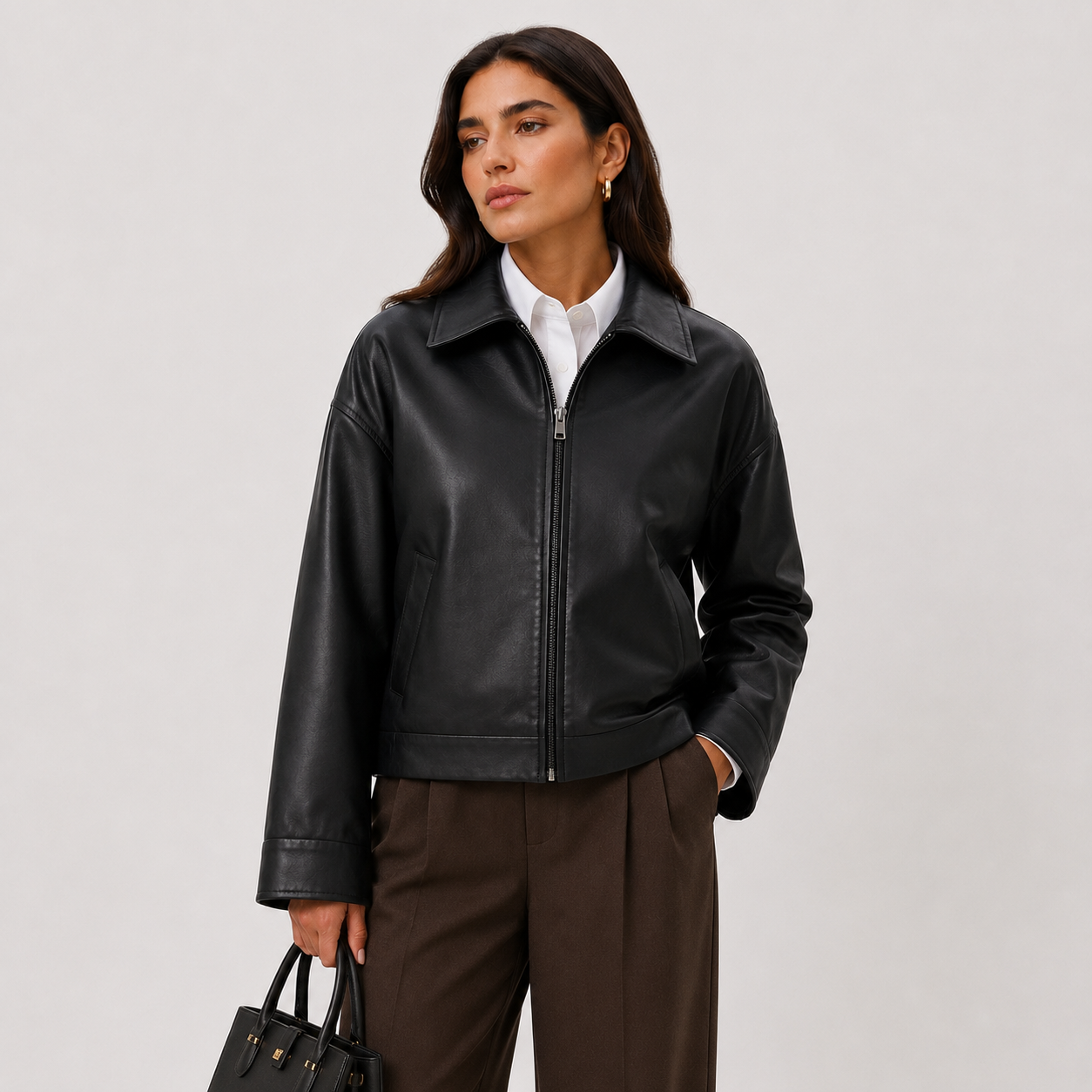 Relaxed Leather Look Jacket, Zip Front Classic Collar