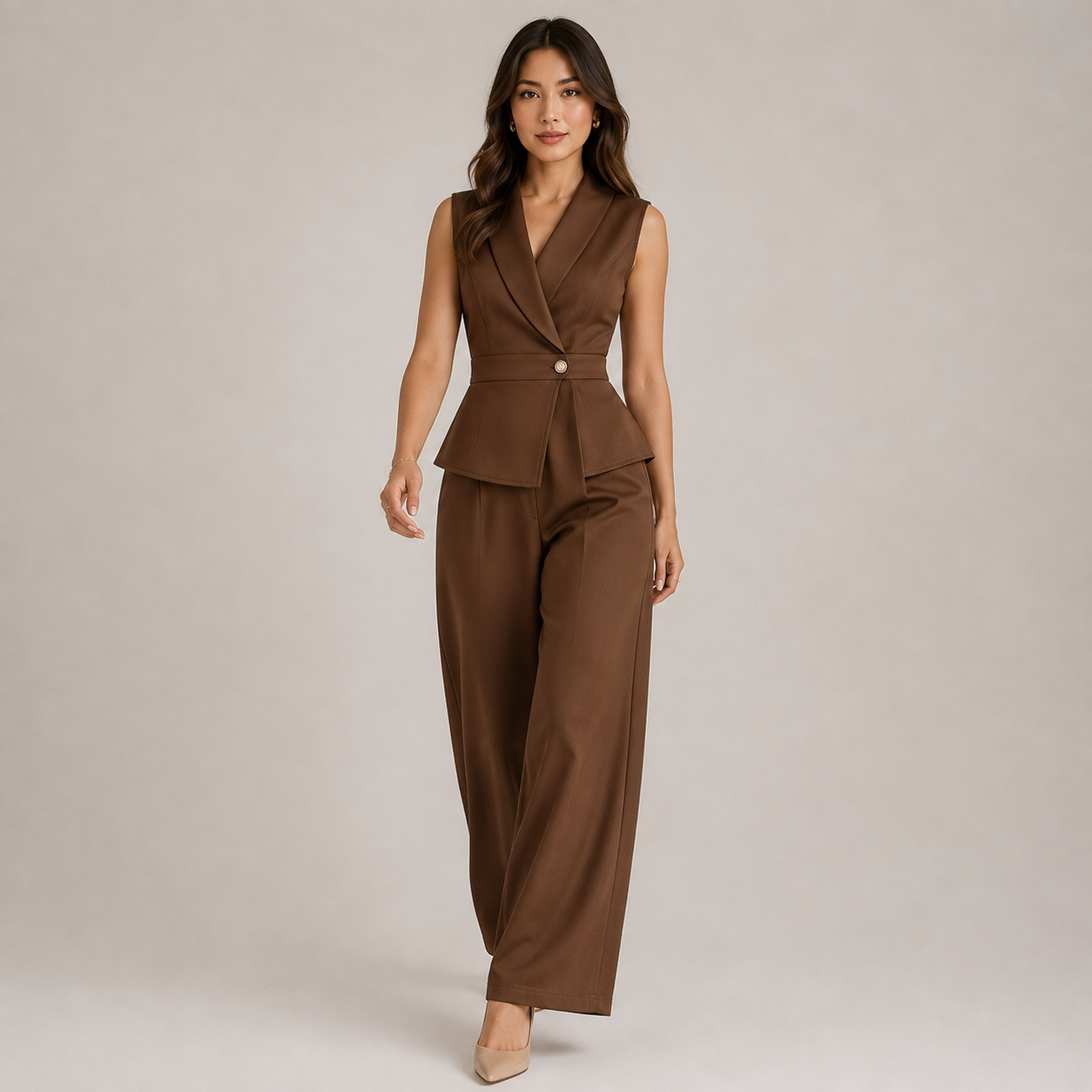 V Neck Two Piece Set, Wide Leg Pants Matching Outfit