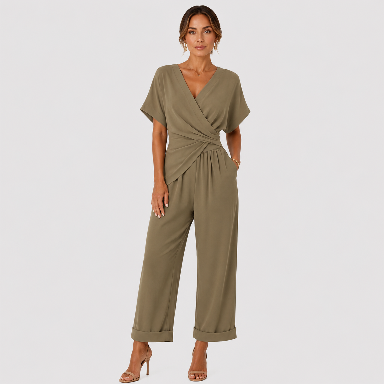 Wrap Front Jumpsuit, Relaxed Wide Leg Vacation Outfit