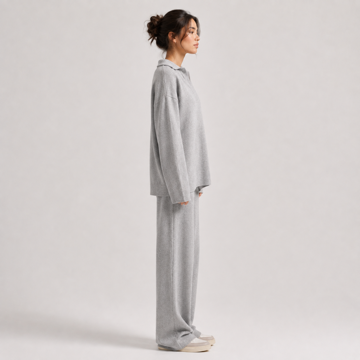 Polo Sweater and Wide Leg Pants Set, Soft Knit Co Ord