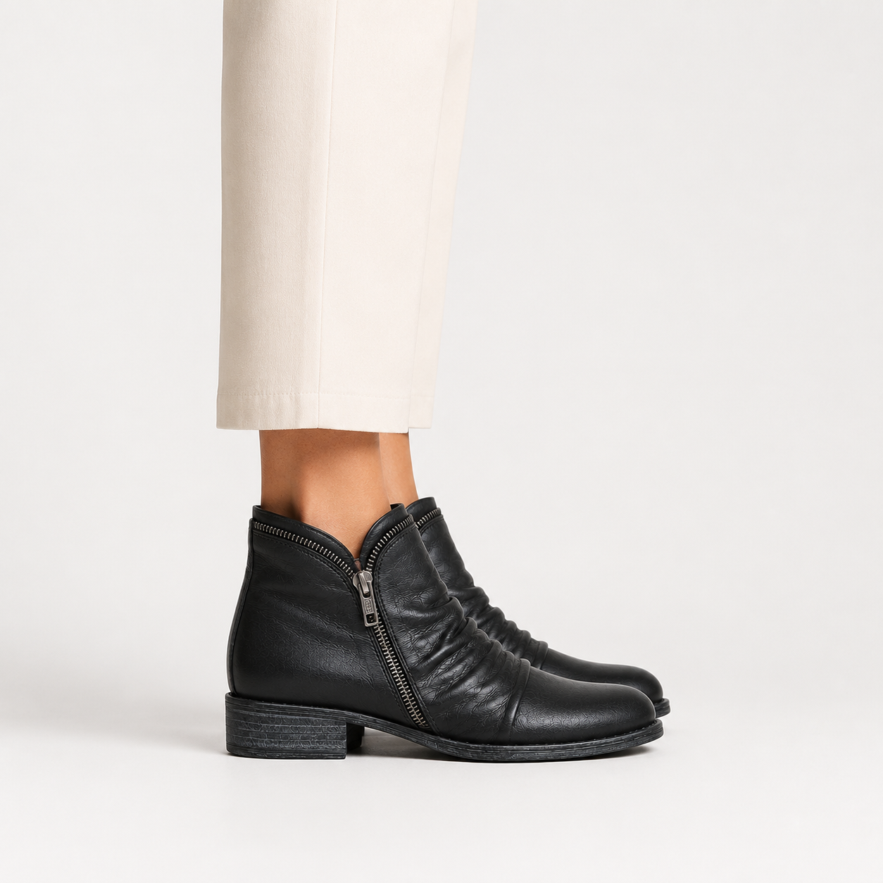 Side Zip Ankle Boots, Low Block Heel Leather Look Cut