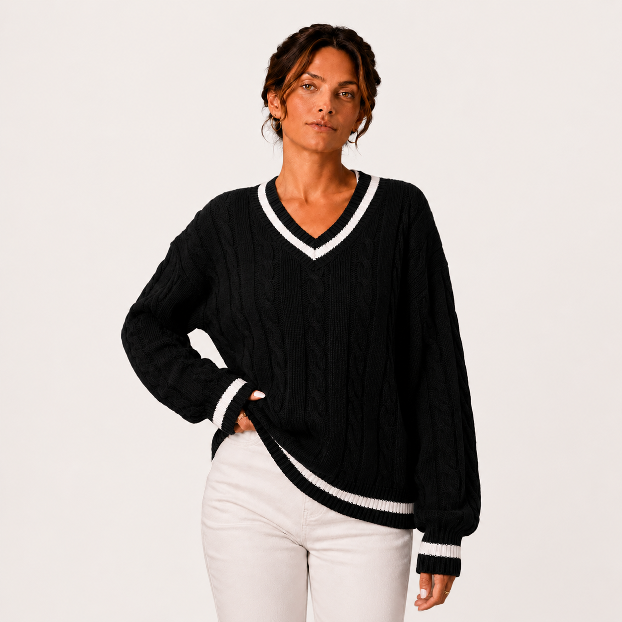 Cable Knit Sweater, V Neck Long Sleeve Pullover Top