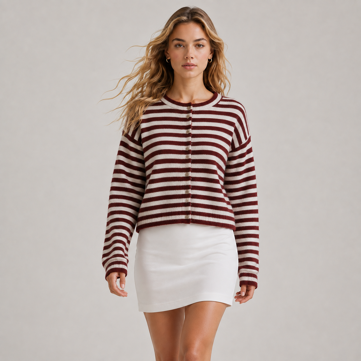 Relaxed Fit Striped Cardigan, Soft Knit Open Layer